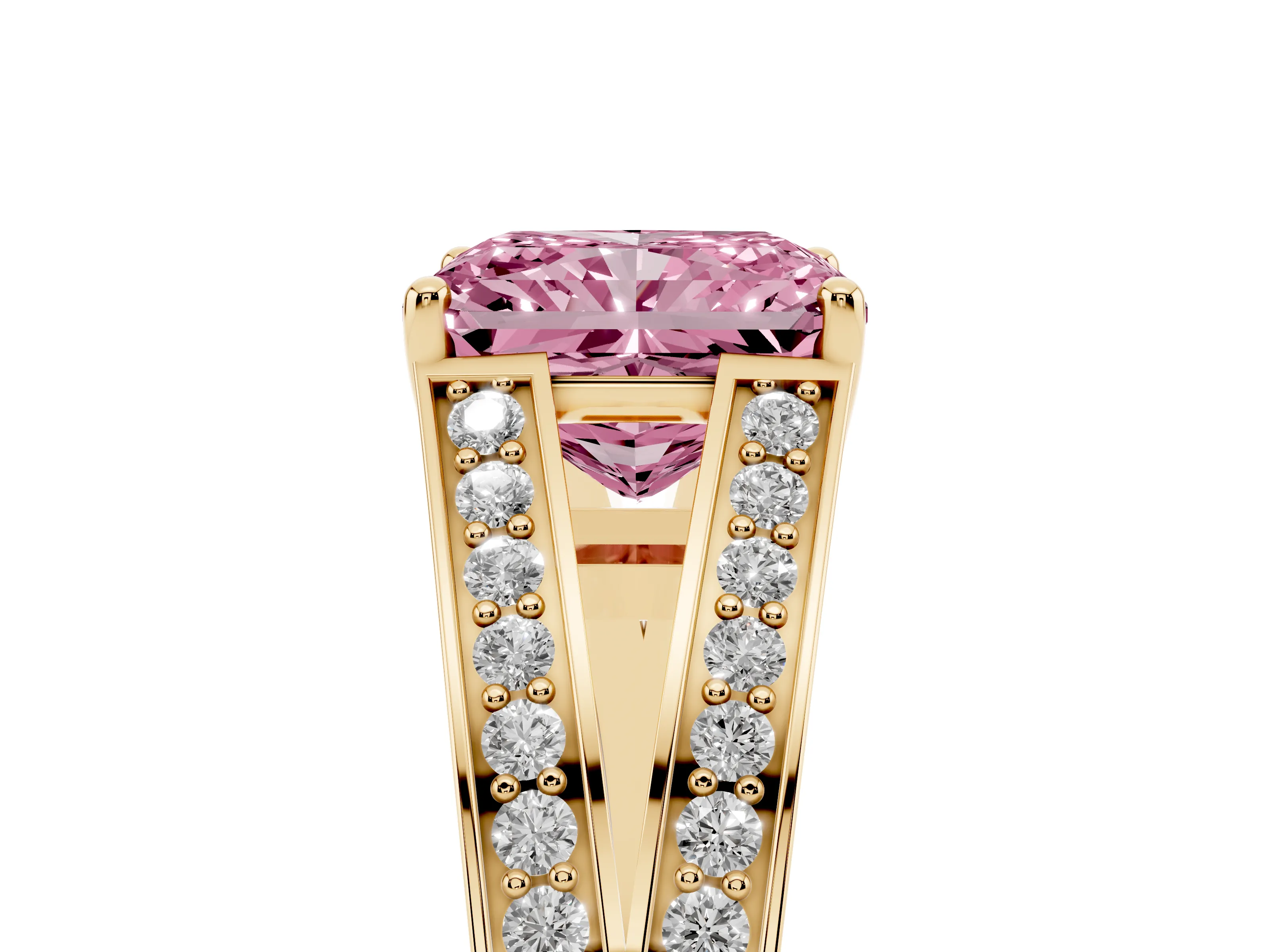 Fancy Pink Radiant Cut Diamond Split Shank Ring Set in Yellow gold with Pavé Band and Prong Setting