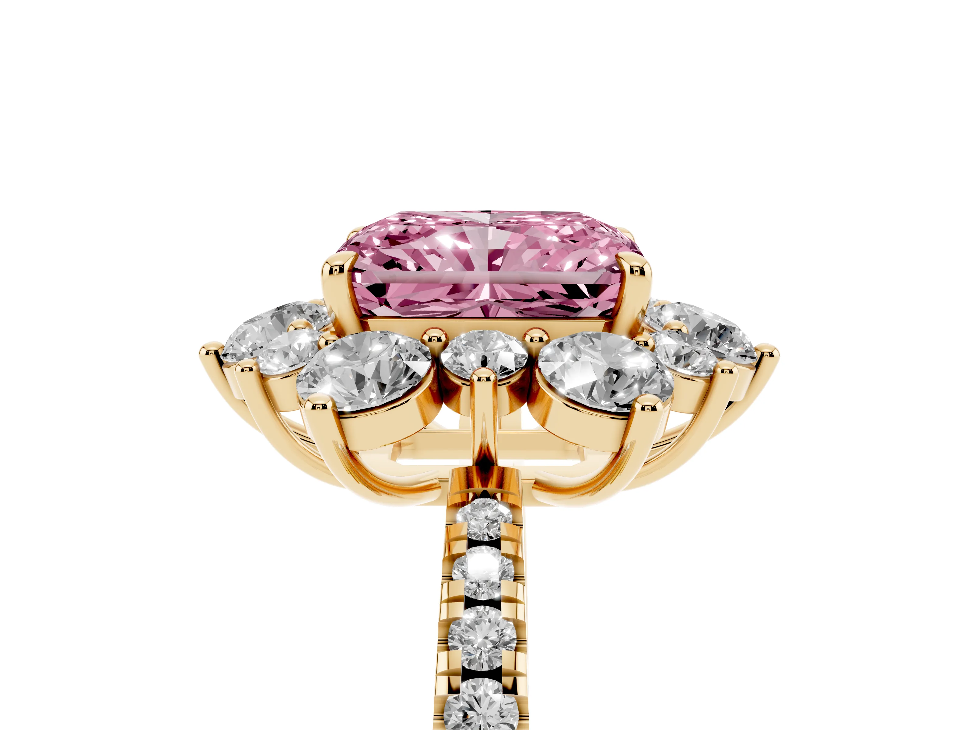 Fancy Pink Radiant Cut Diamond Floral Halo Ring Set in Yellow gold with Round Pavé Band and Prong Setting