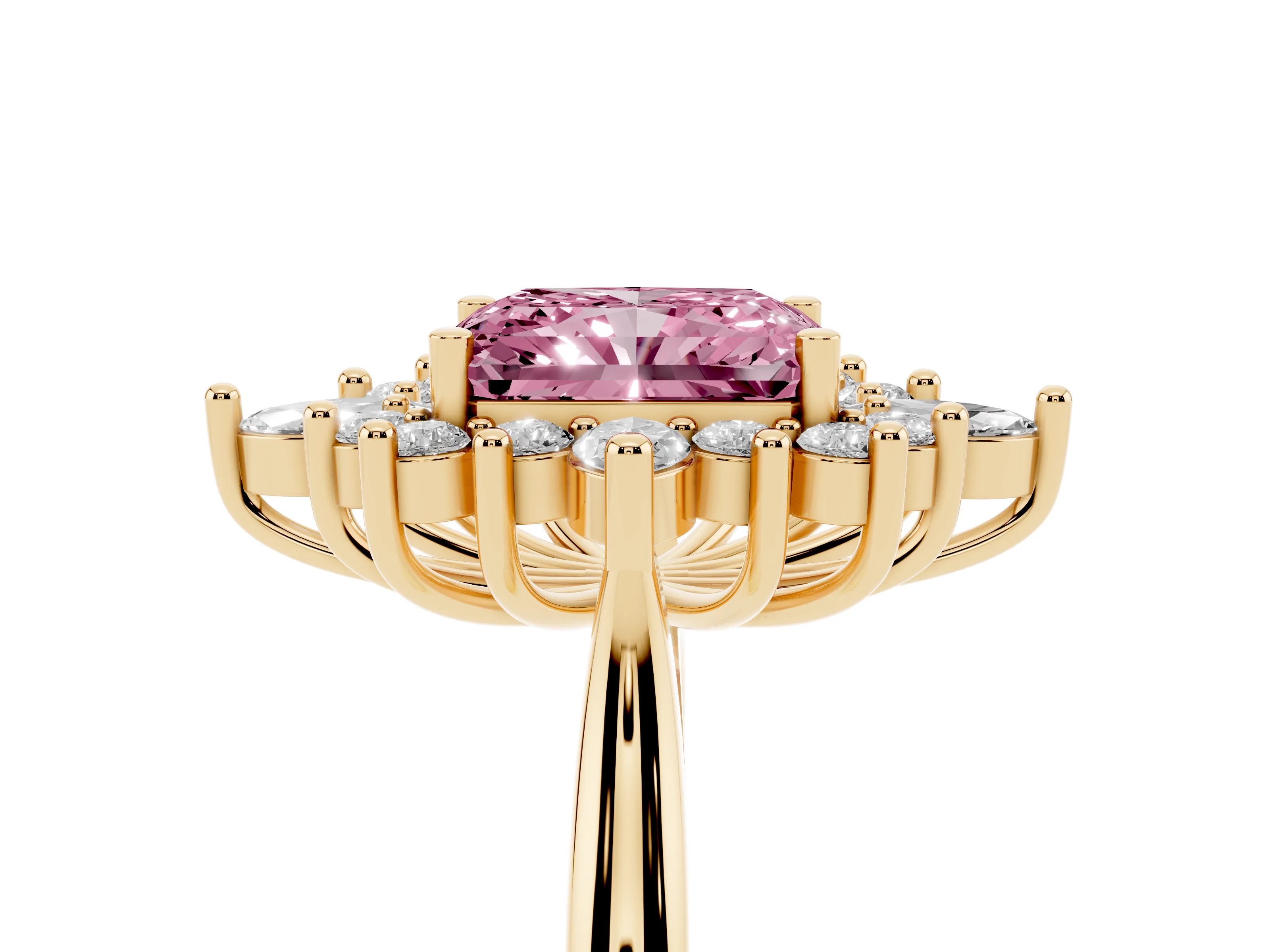 Fancy Pink Radiant Cut Diamond Cluster Halo Ring Set in Yellow gold with Marquise and Round Accents