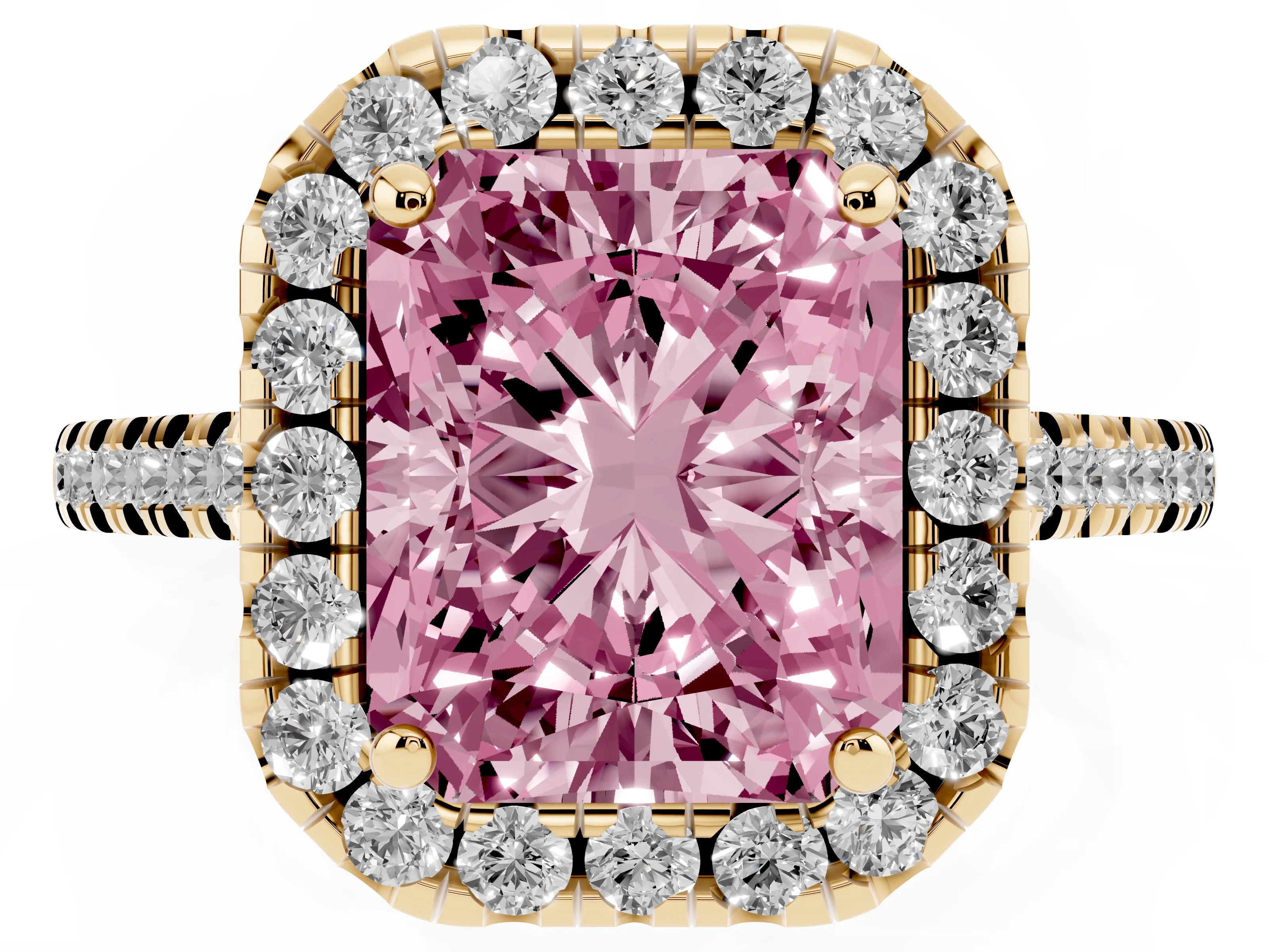 Fancy Pink Radiant Cut Diamond Cushion Halo Ring Set in Yellow gold with Pavé Band