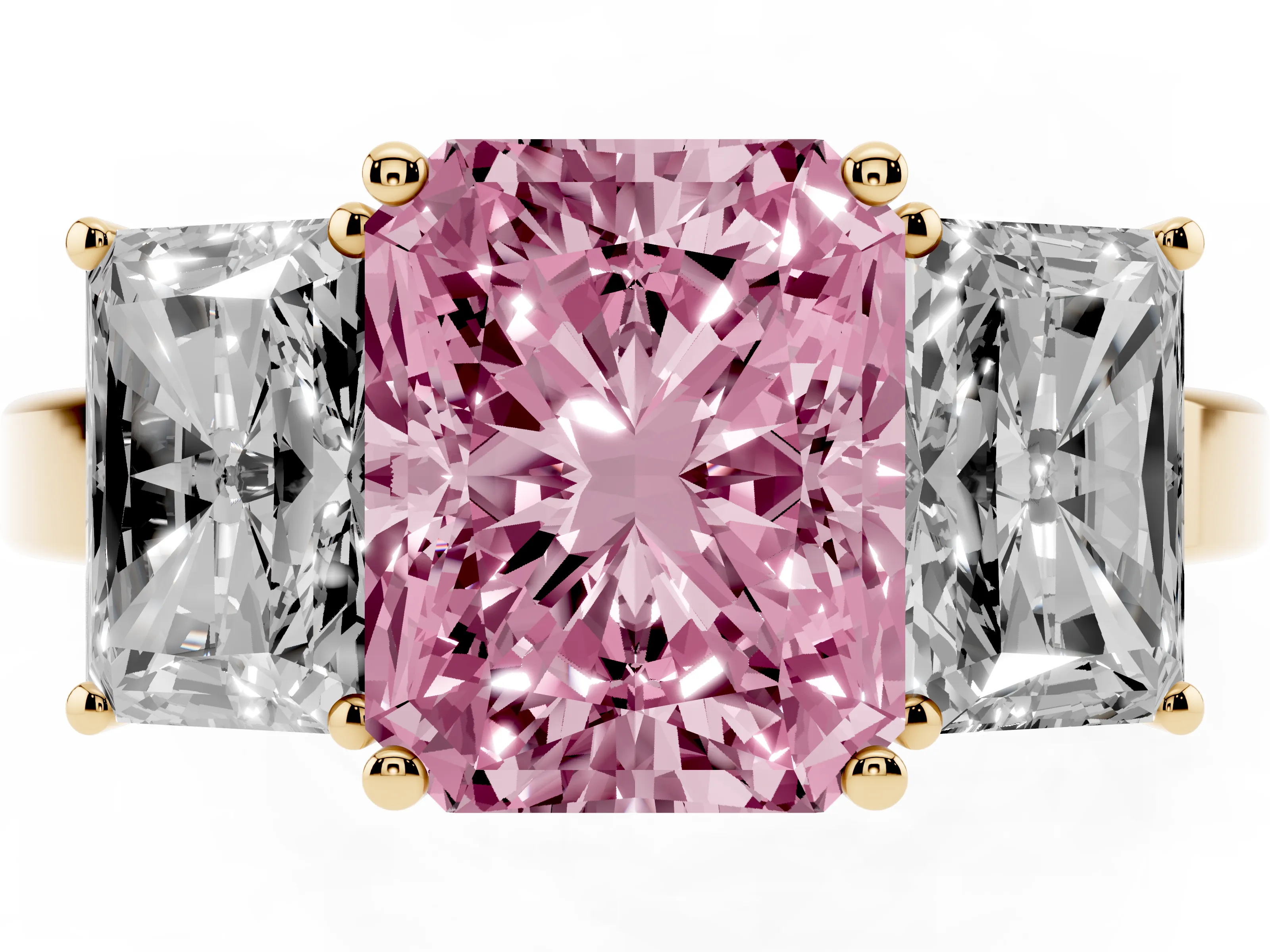 Fancy Pink Radiant Cut Diamond Three-Stone Engagement Ring Set in Yellow gold with Flat Band