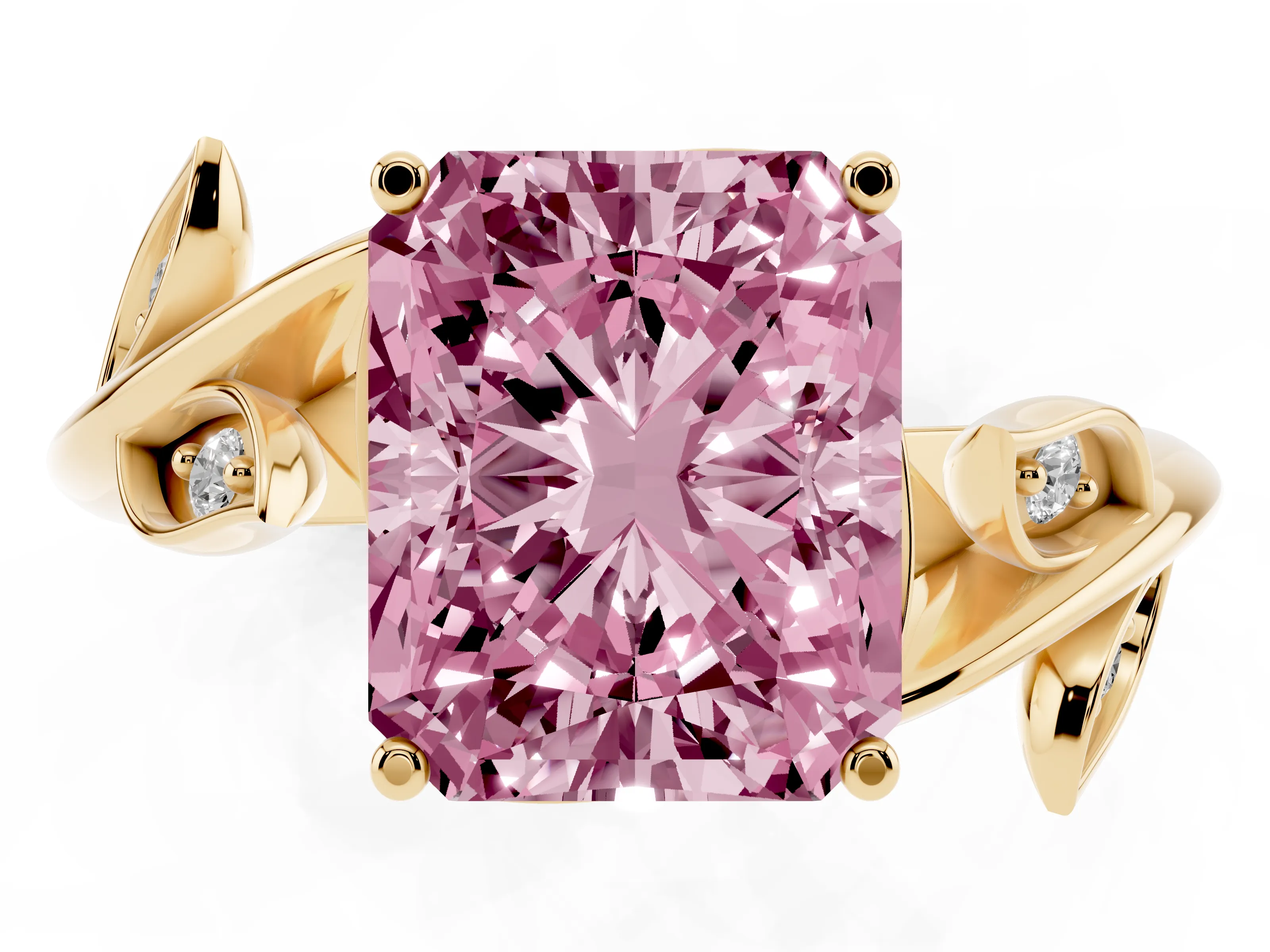 Fancy Pink Radiant Cut Diamond Solitaire Twist Engagement Ring Set in Yellow gold with Pavé Leaf Accents