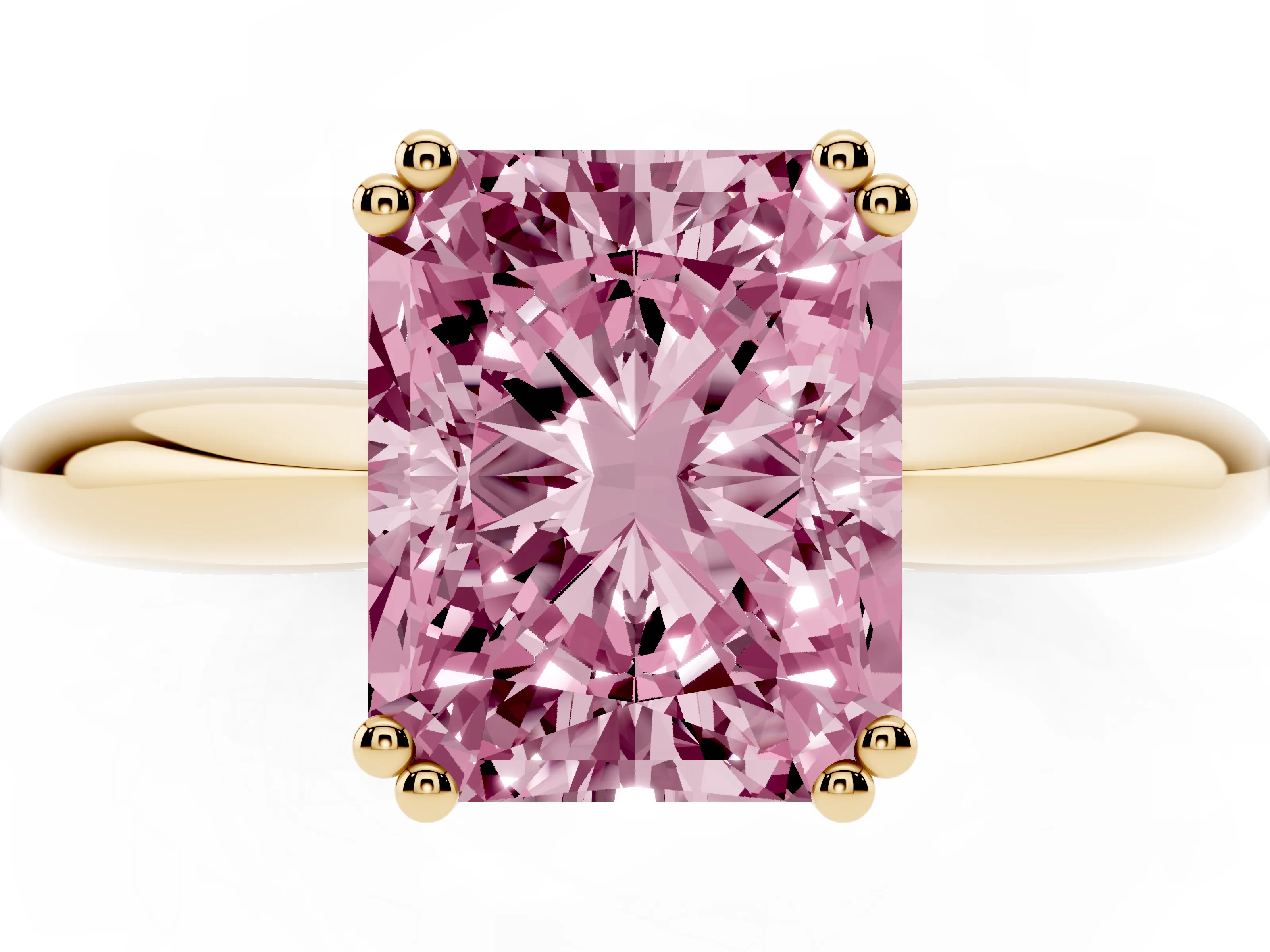 Fancy Pink Radiant Cut Diamond Solitaire Engagement Ring Set in Yellow gold with Tapered Band and Prong Setting