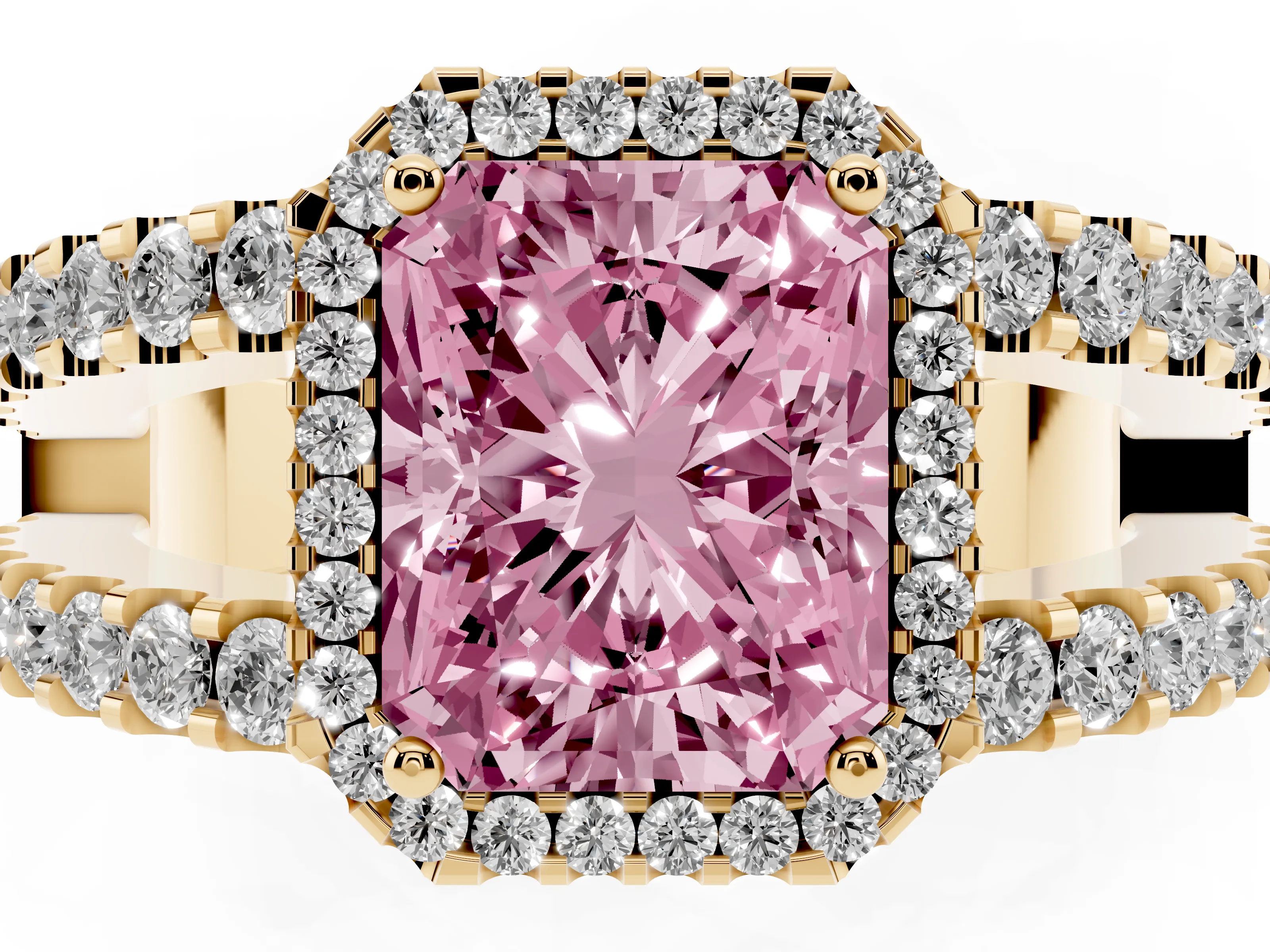 Fancy Pink Radiant Cut Diamond Halo Ring Set in Yellow gold with Pavé Split Shank and Prong Setting