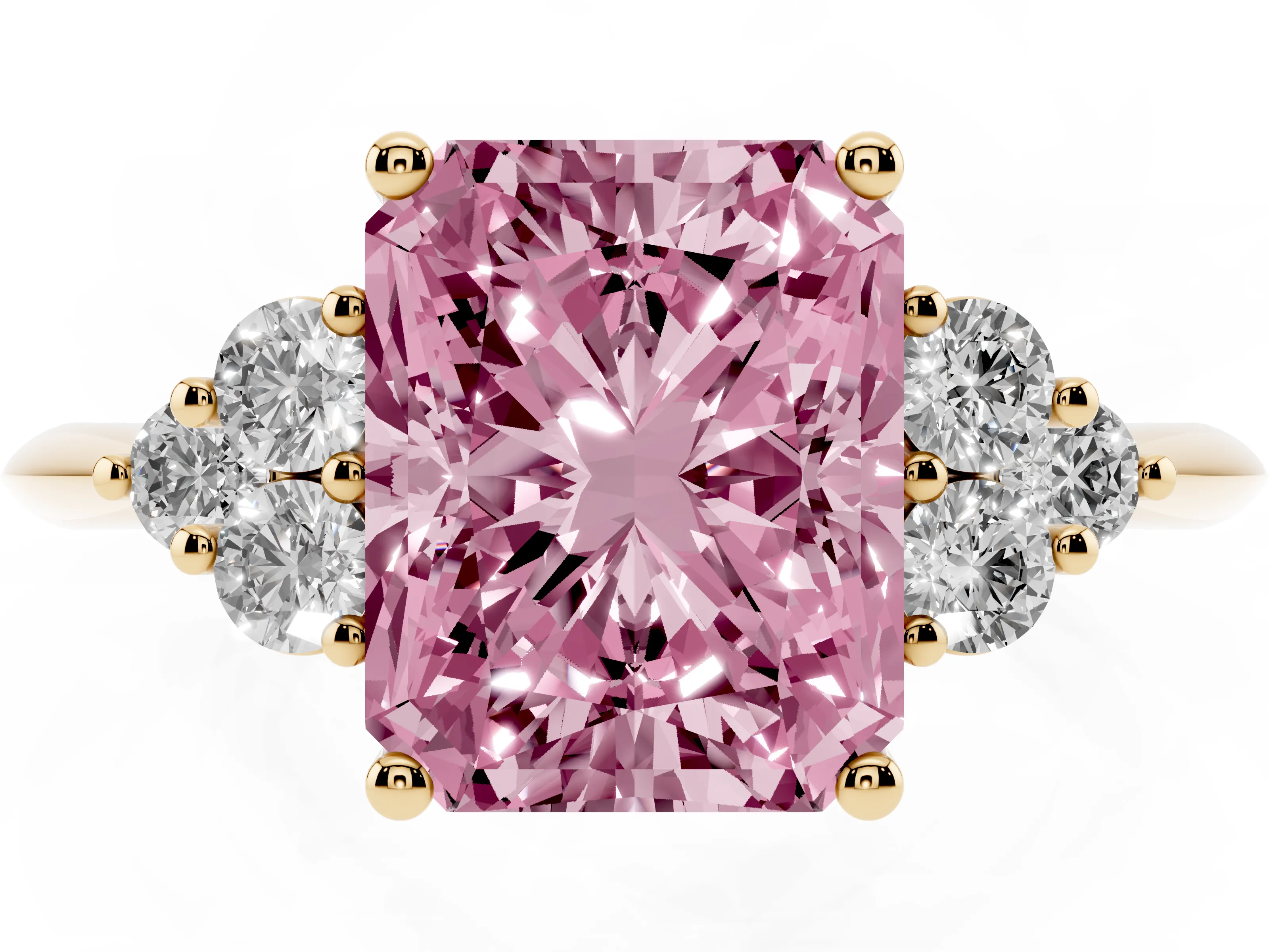 Fancy Pink Radiant Cut Diamond Cluster Ring Set in Yellow gold with Plain Band and Prong Setting