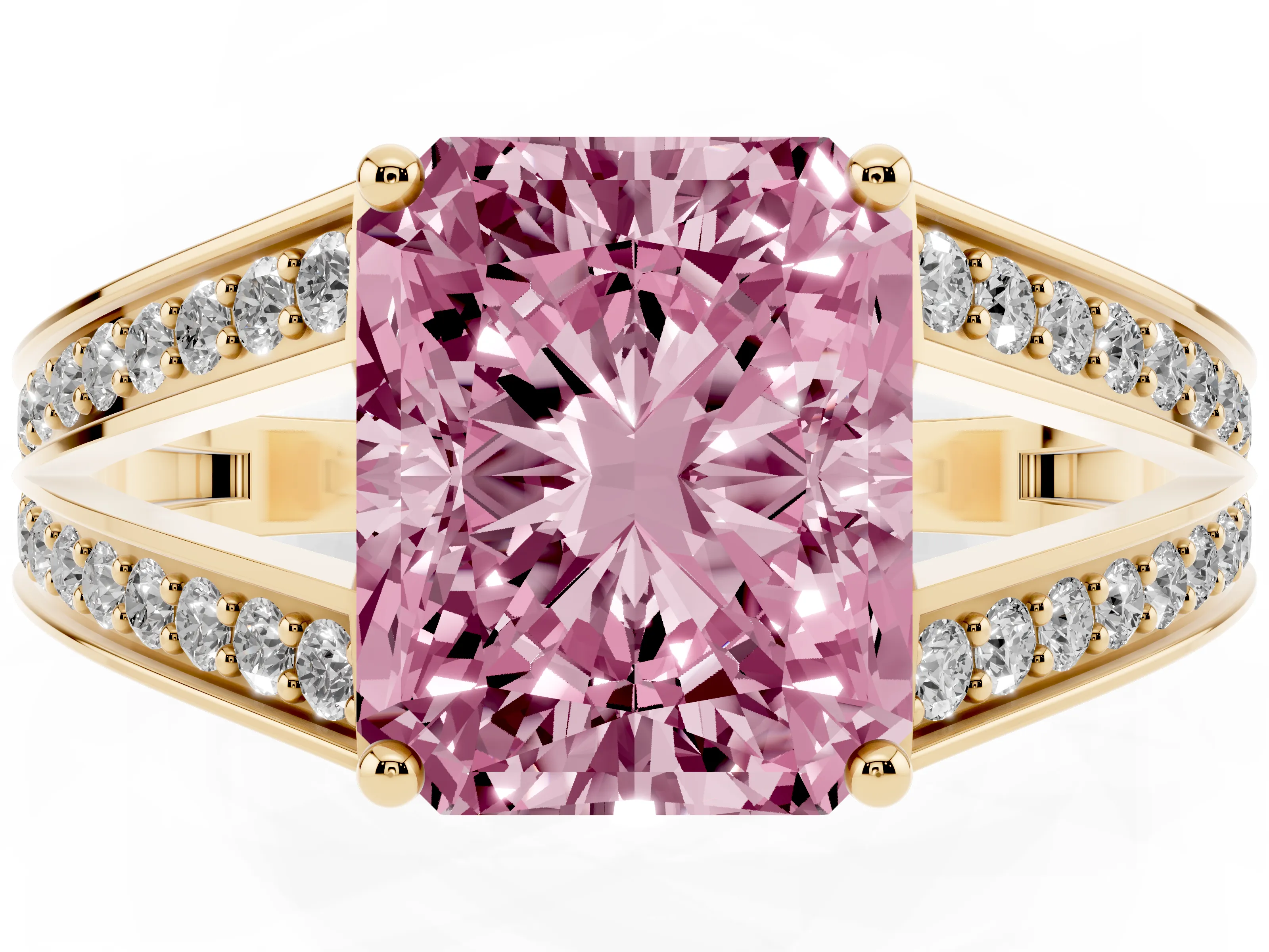 Fancy Pink Radiant Cut Diamond Split Shank Ring Set in Yellow gold with Pavé Band and Prong Setting