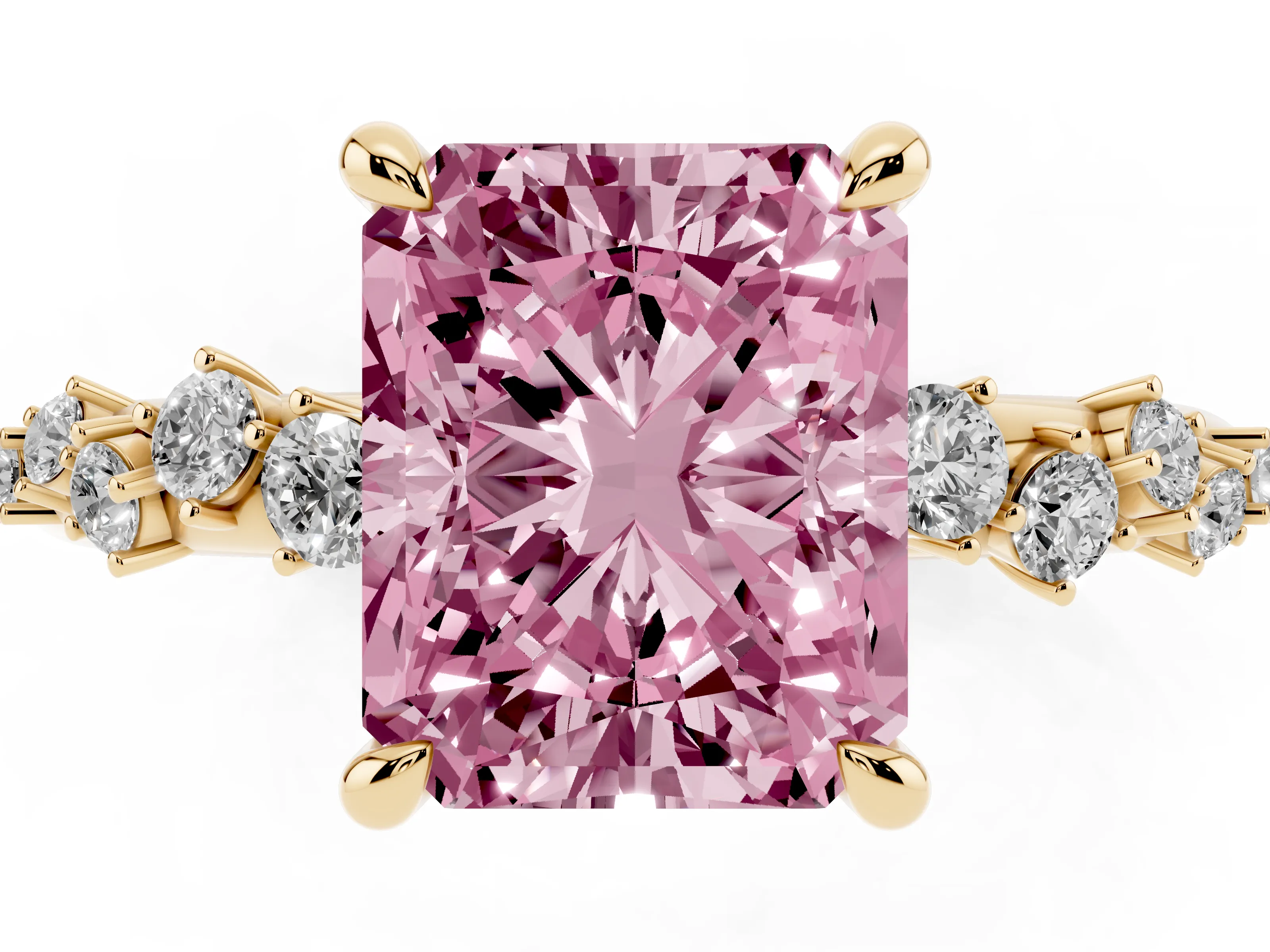 Fancy Pink Radiant Cut Diamond Solitaire Vine Band Ring Set in Yellow gold with Round Accents and Prong Setting
