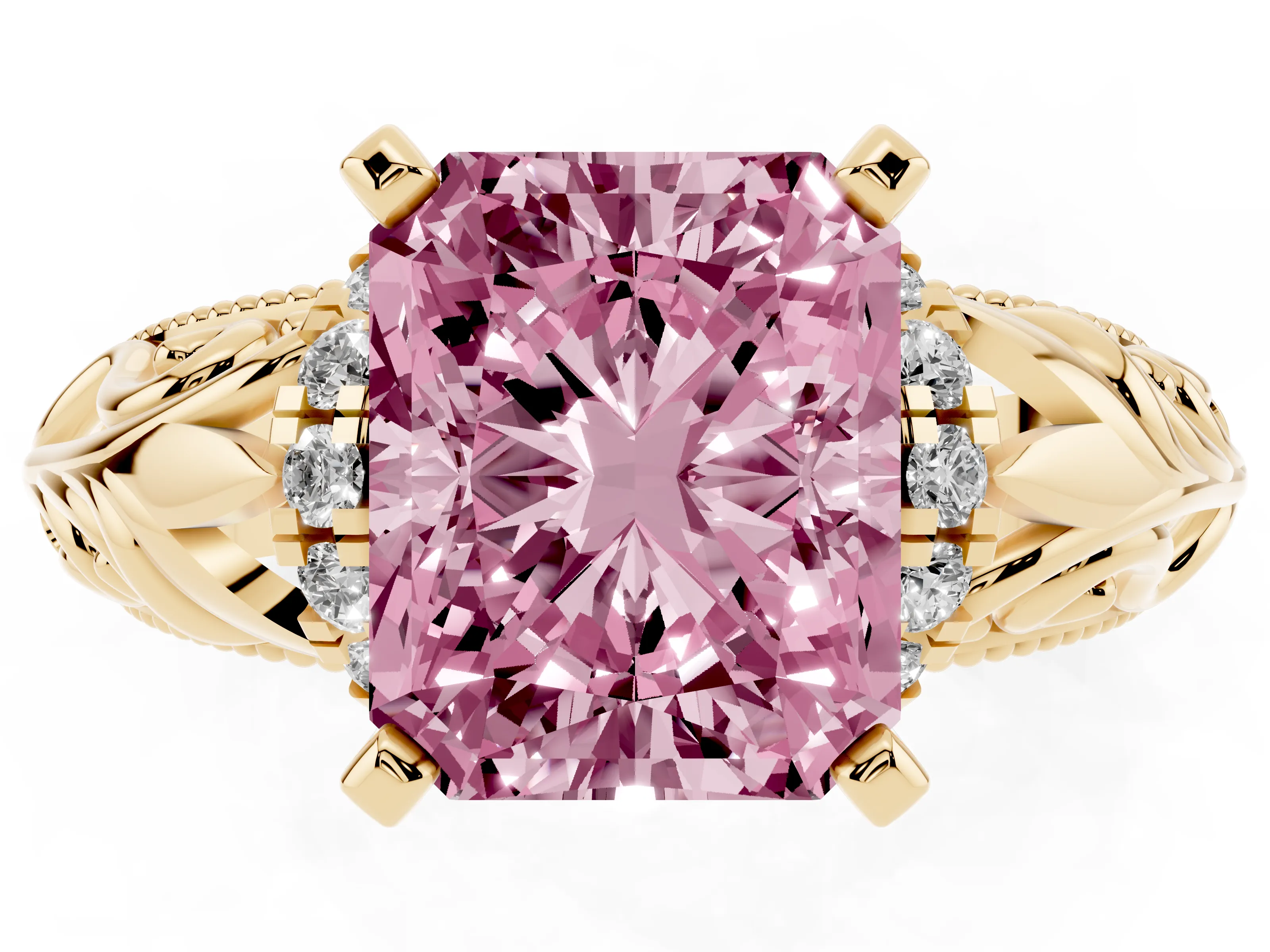 Fancy Pink Radiant Cut Diamond Filigree Halo Engagement Ring Set in Yellow gold with Prong Setting