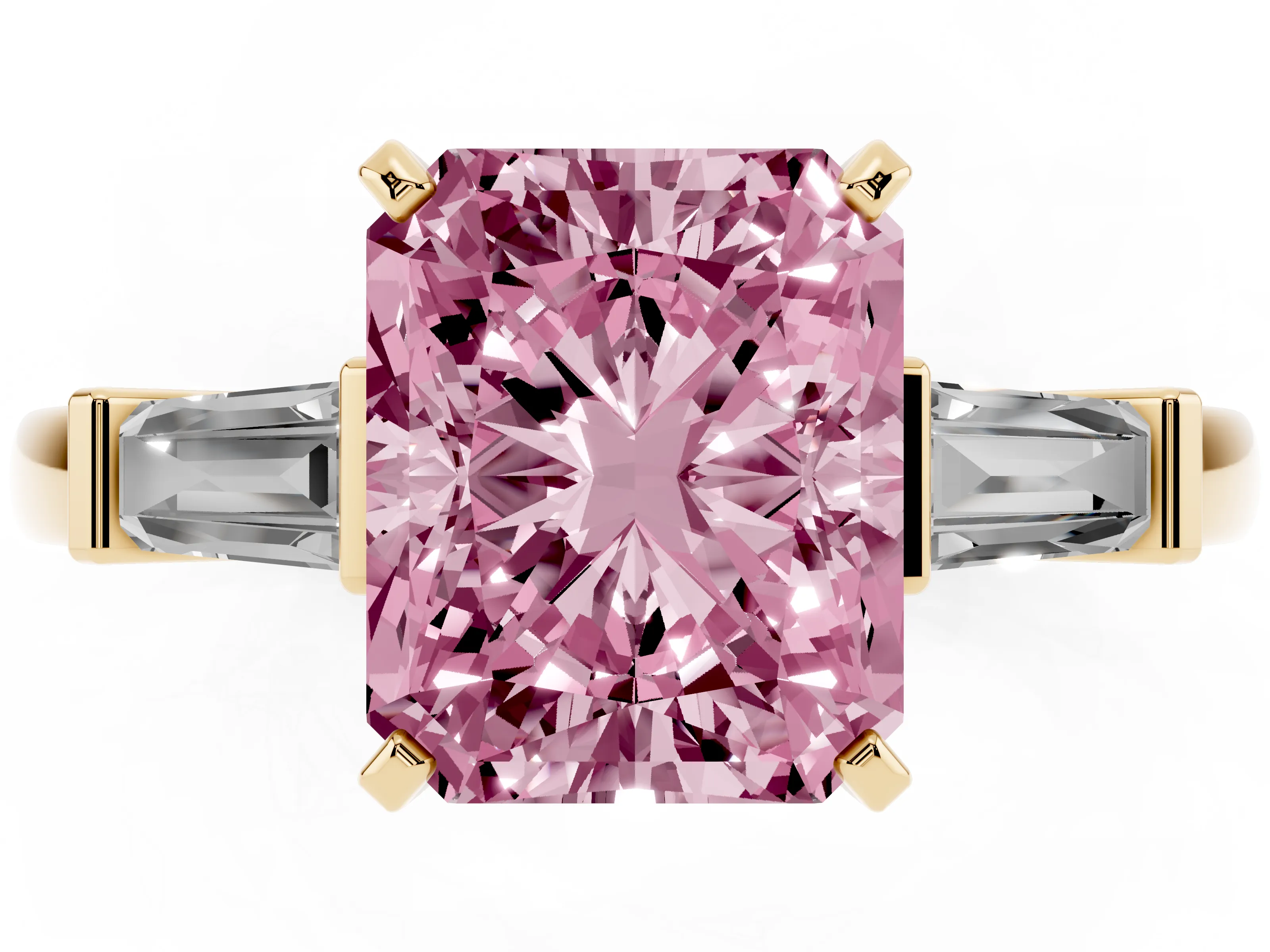 Fancy Pink Radiant Cut Diamond Solitaire Ring Set in Yellow gold with Tapered Baguette Accents and Prong Setting