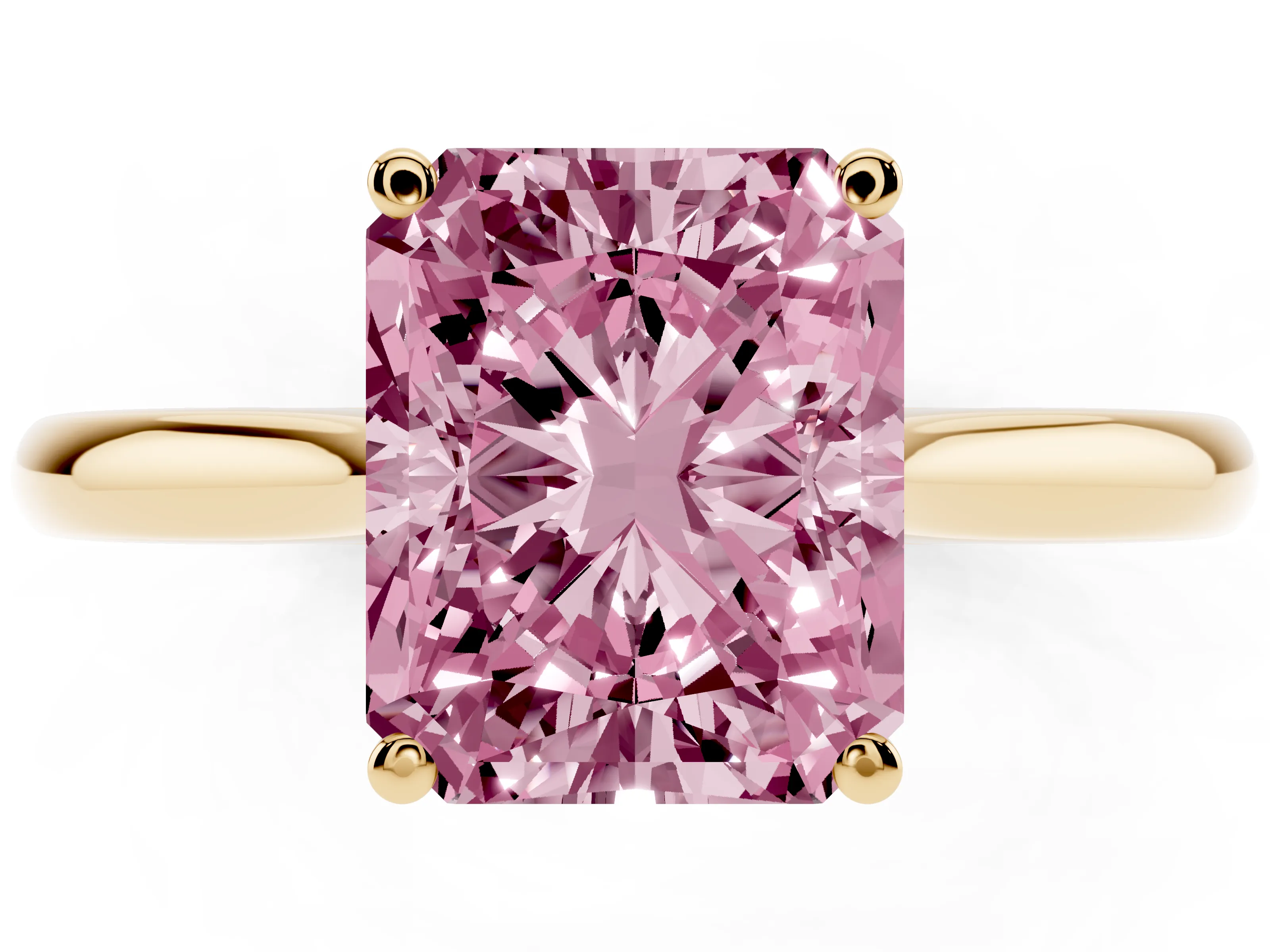 Fancy Pink Radiant Cut Diamond Solitaire Ring Set in Yellow gold with Cathedral Band and Prong Setting