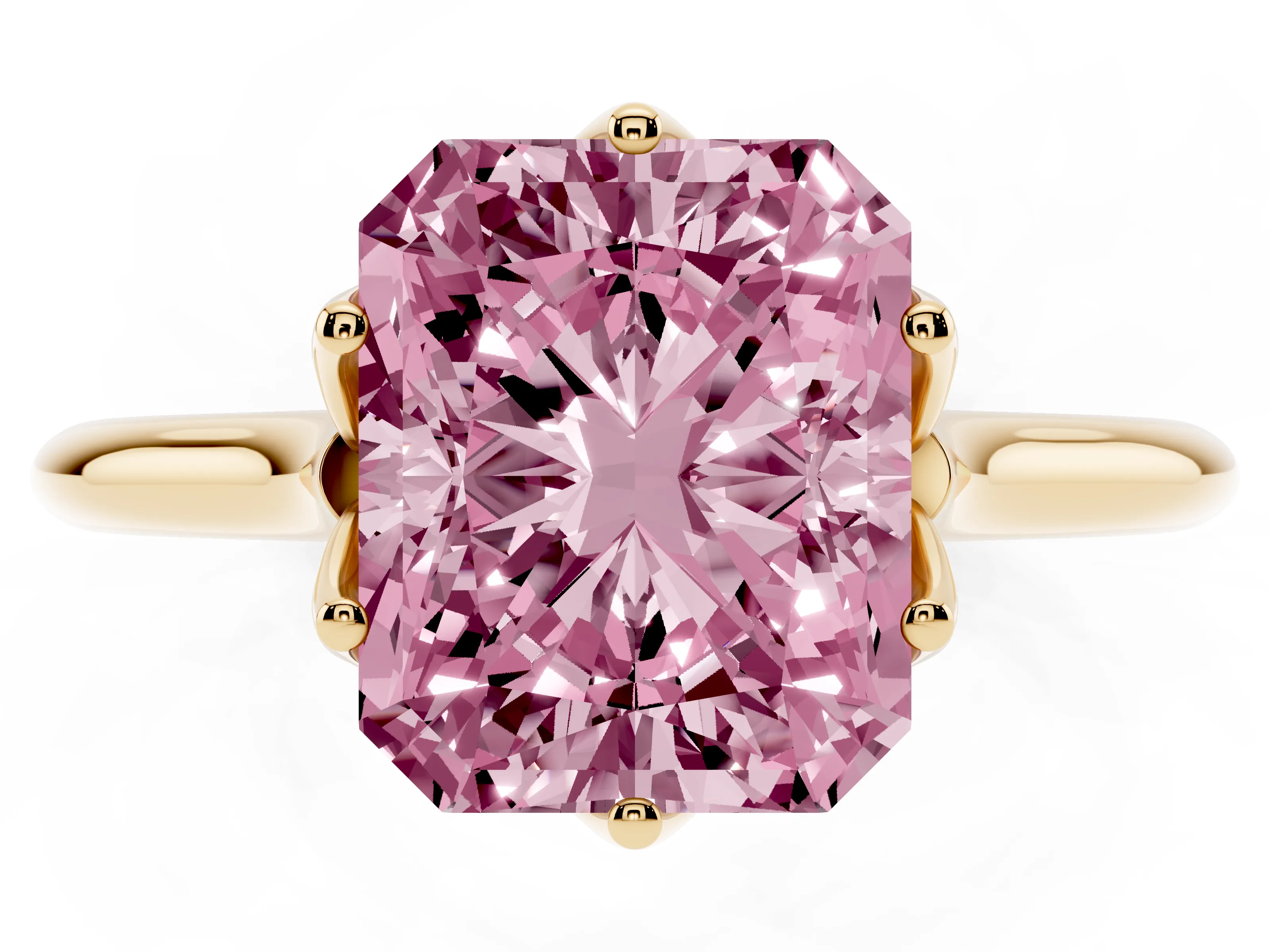 Fancy Pink Radiant Cut Diamond Solitaire Cathedral Ring Set in Yellow gold with Prong Setting