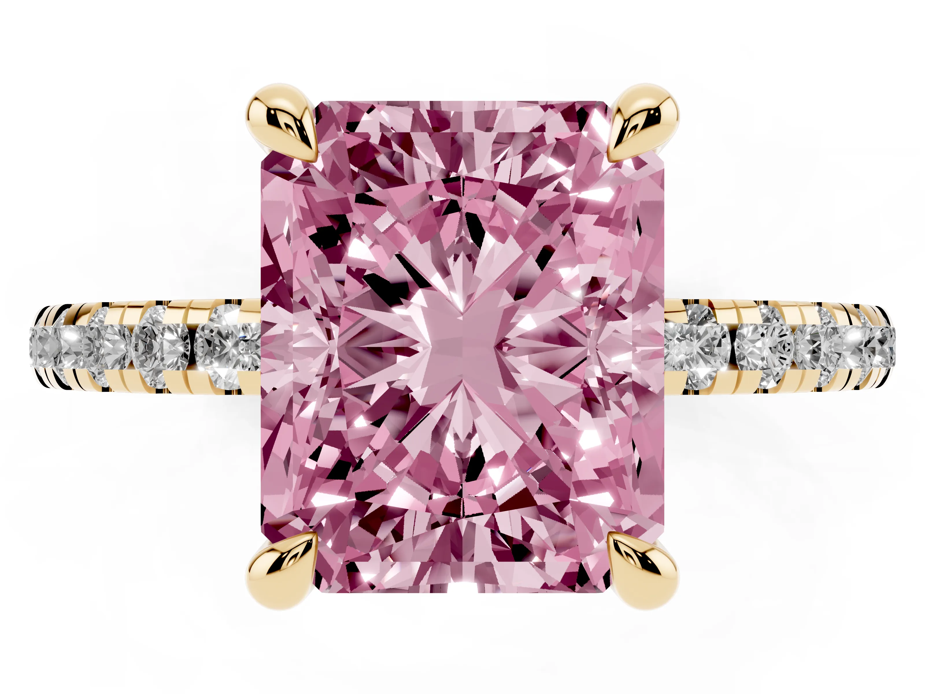 Fancy Pink Radiant Cut Diamond Brilliant Solitaire Ring Set in Yellow gold with Pavé Band and Prong Setting