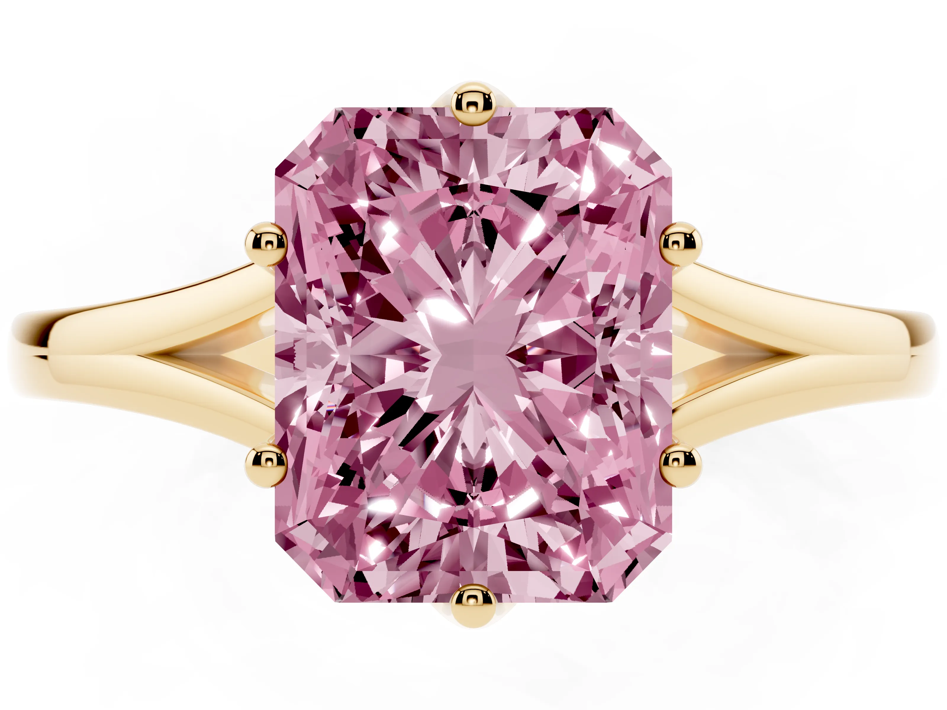 Fancy Pink Radiant Cut Diamond Solitaire Ring Set in Yellow gold with Polished Tapered Band and Prong Setting