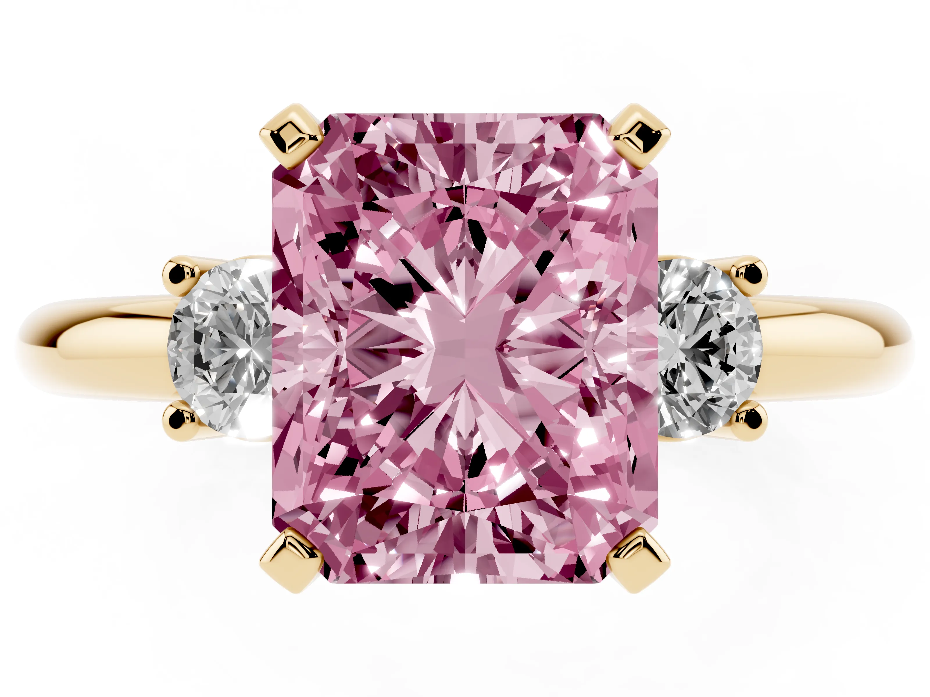 Fancy Pink Three-Stone Radiant Cut Diamond Ring Set in Yellow gold with Prong Setting and Plain Band