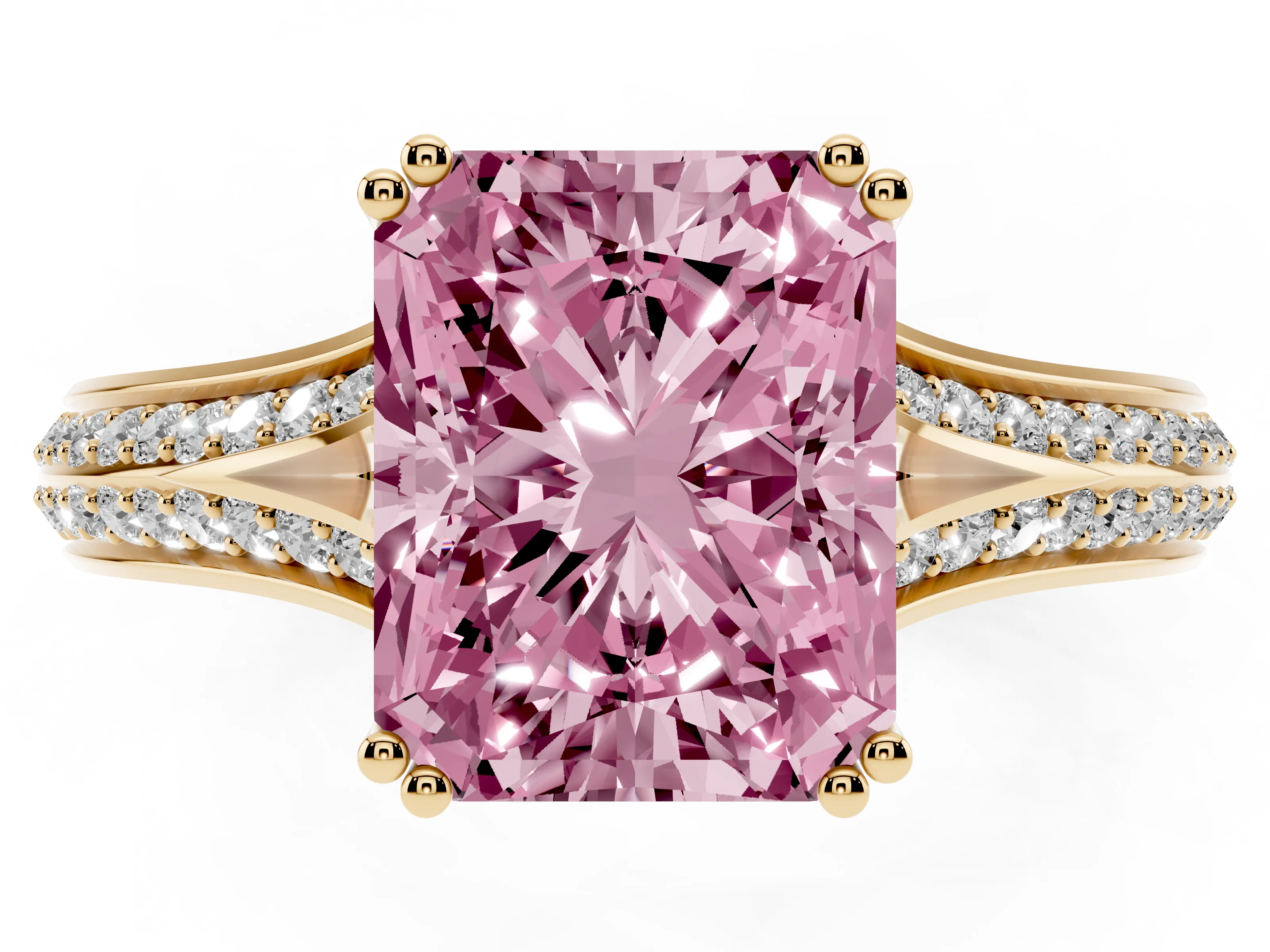 Fancy Pink Radiant Cut Diamond Split Shank Pavé Engagement Ring Set in Yellow gold with Prong-Set Center Stone