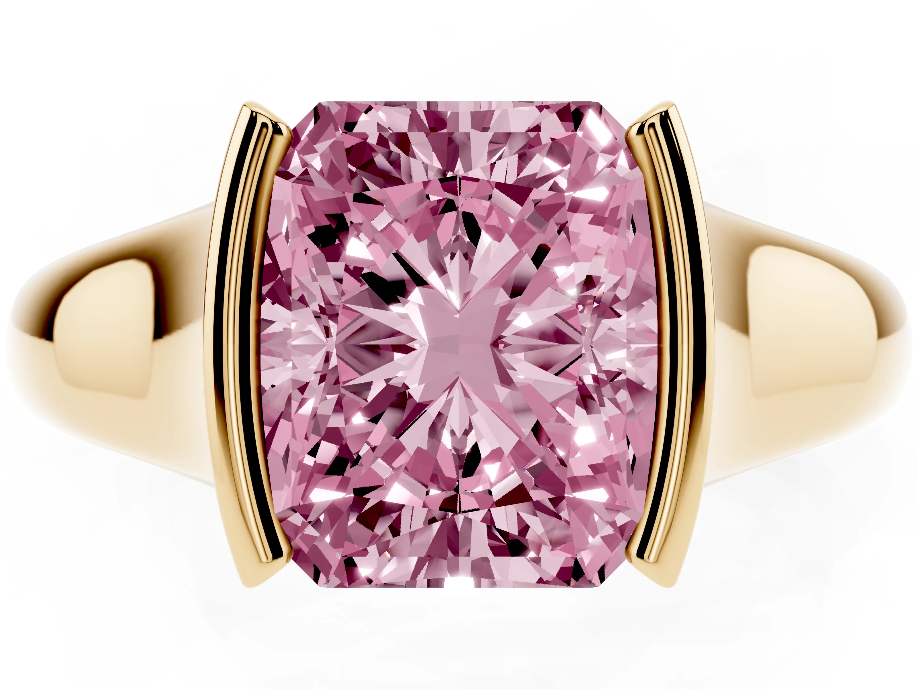 Fancy Pink Radiant Cut Diamond Solitaire Tension Set Ring Set in Yellow gold with Split Shank Band