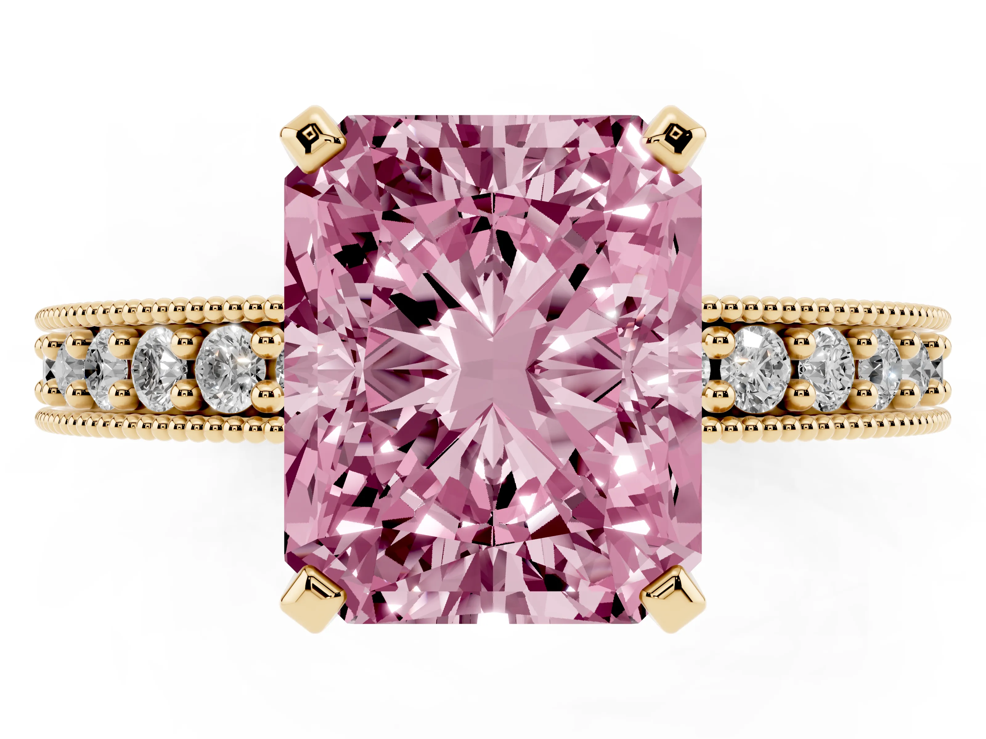 Fancy Pink Radiant Cut Diamond Milgrain Pavé Engagement Ring Set in Yellow gold with Prong Setting