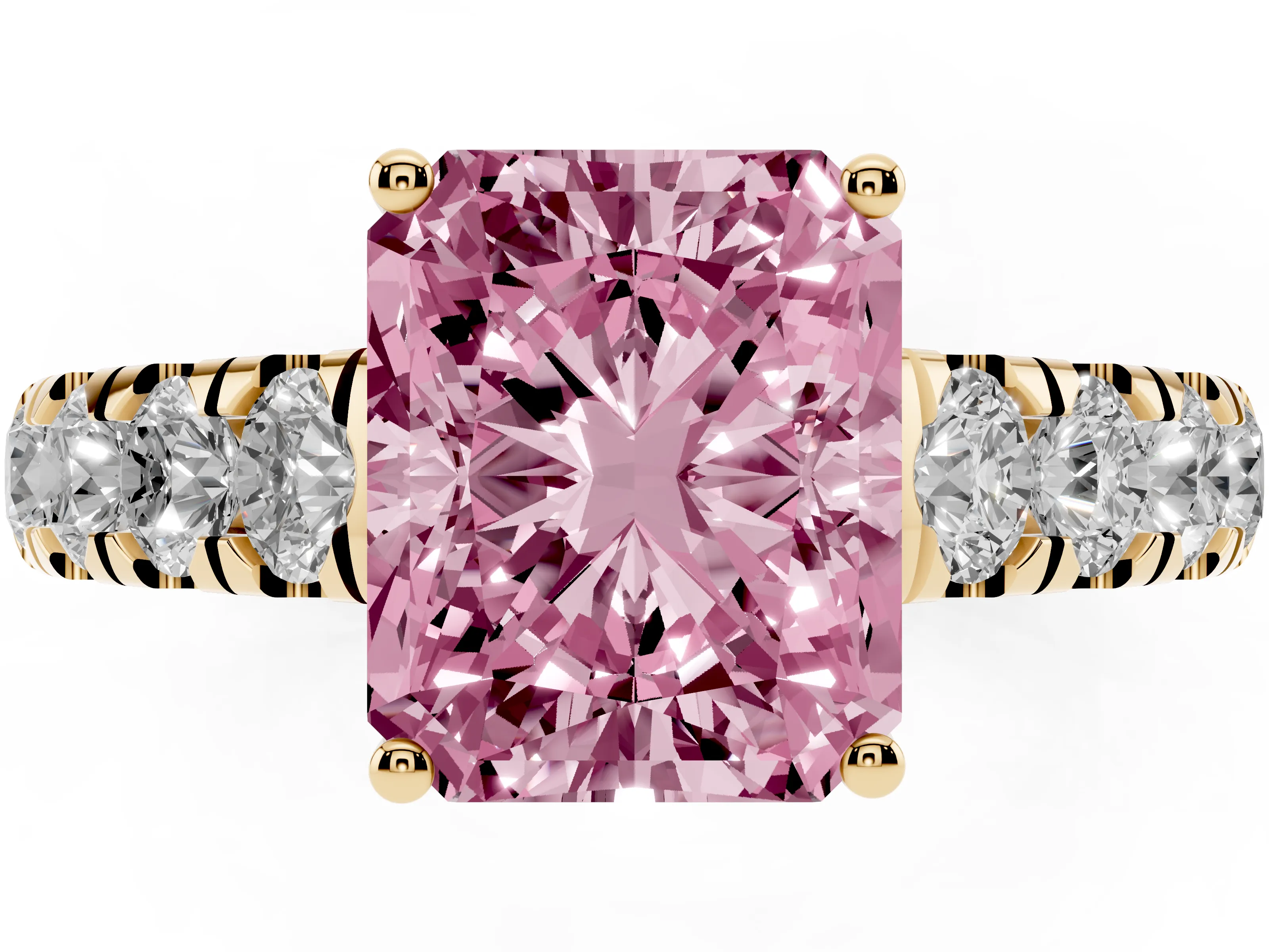 Fancy Pink Radiant Cut Diamond Solitaire Ring Set in Yellow gold with Cut-Down Micro Pavé Band and Prong Setting