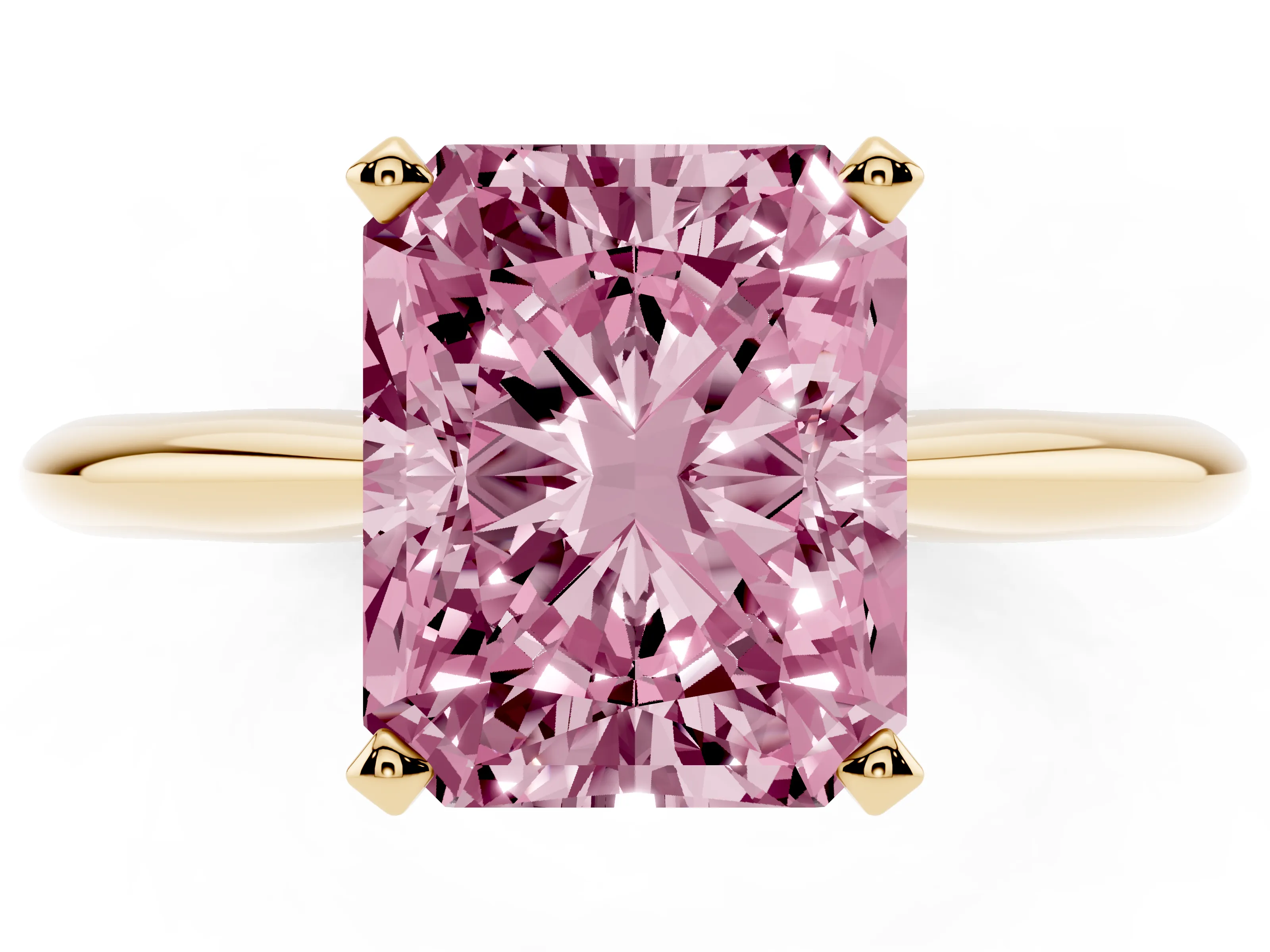 Fancy Pink Radiant Cut Diamond Solitaire Ring Set in Yellow gold with Prong Setting on a Plain Round Band