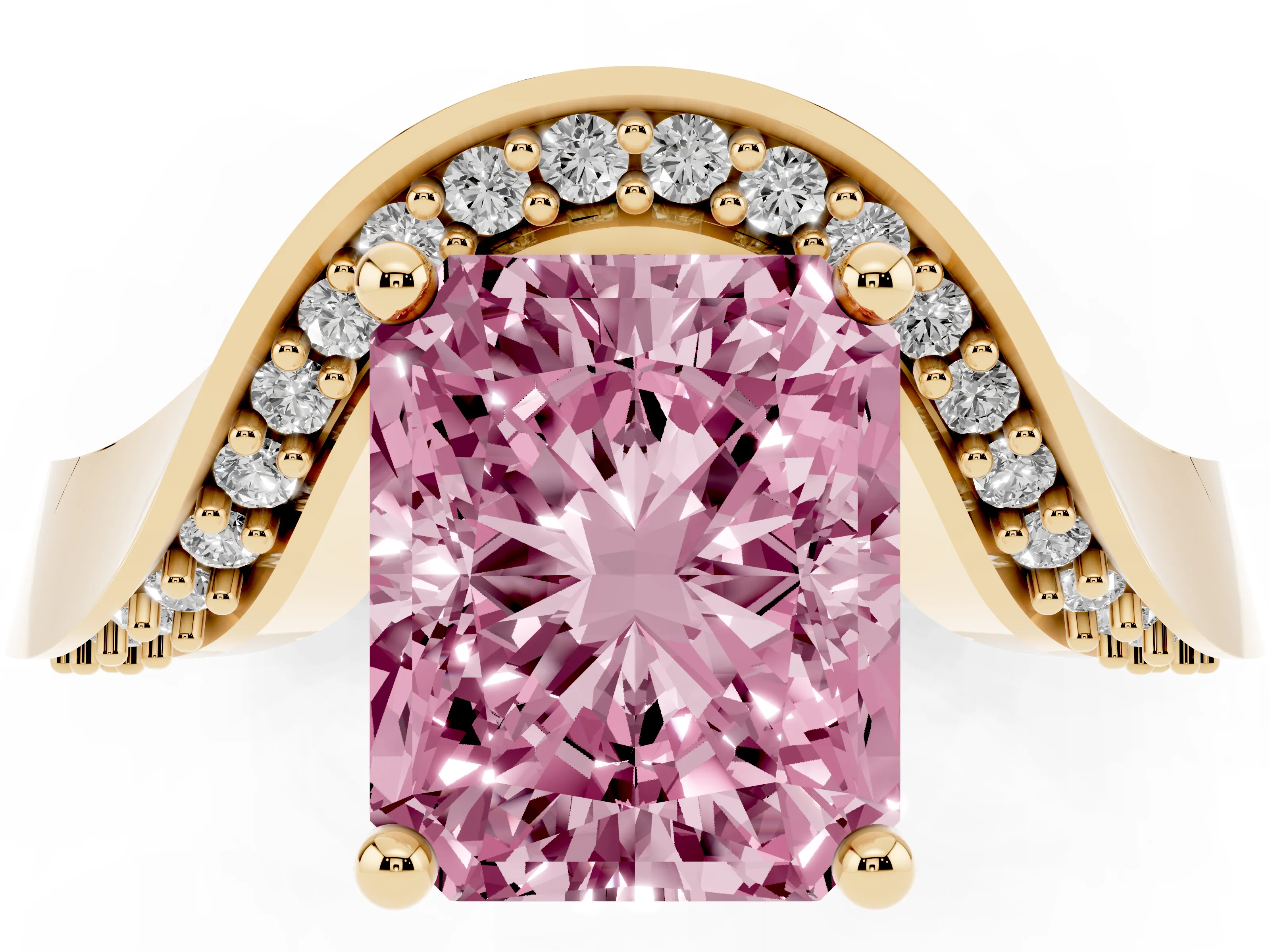 Fancy Pink Radiant Cut Diamond Solitaire Engagement Ring Set in Yellow gold with Pavé Shoulders