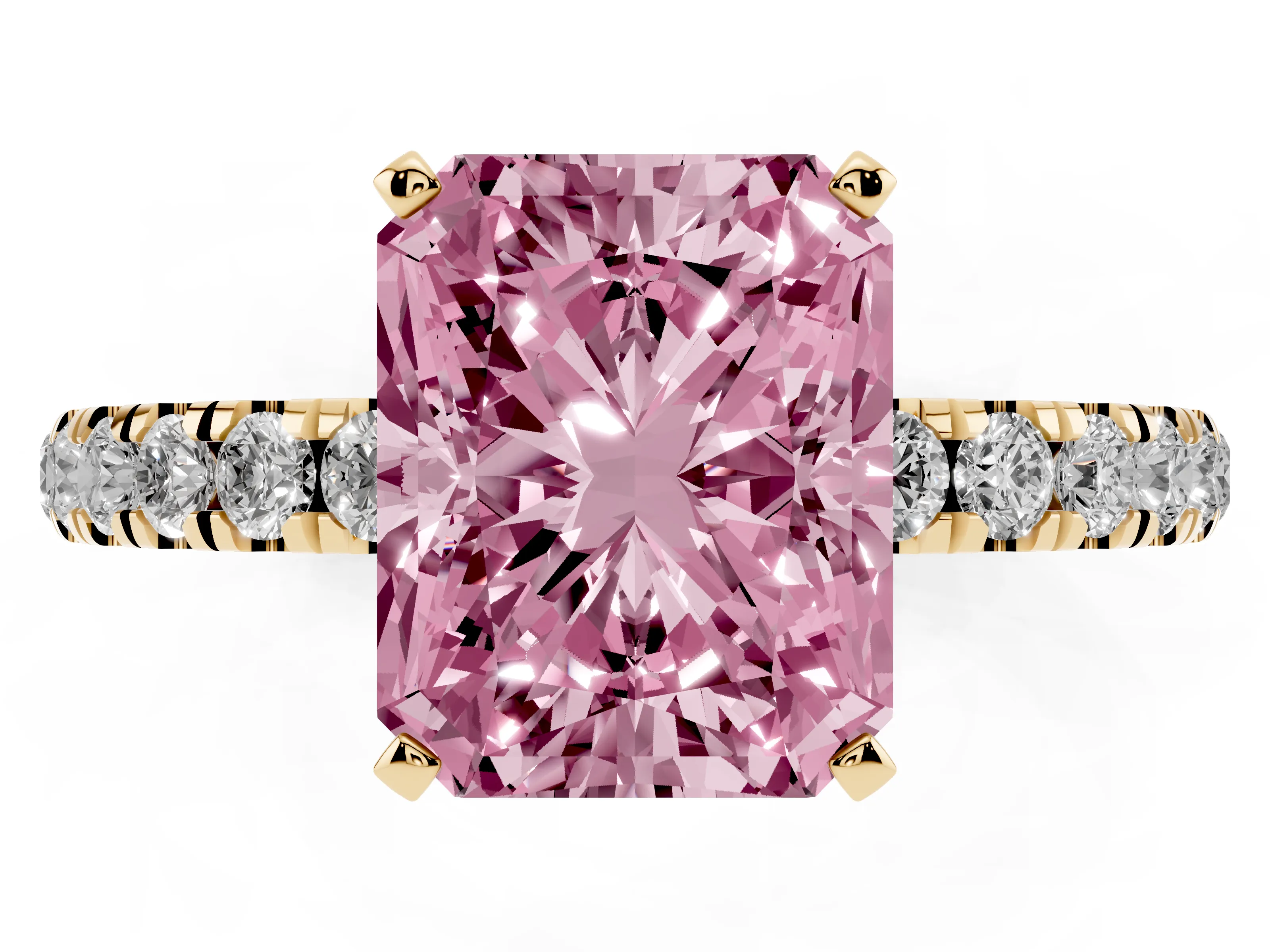 Fancy Pink Radiant Cut Diamond Solitaire Ring Set in Yellow gold with Pavé Accents and Prong Setting
