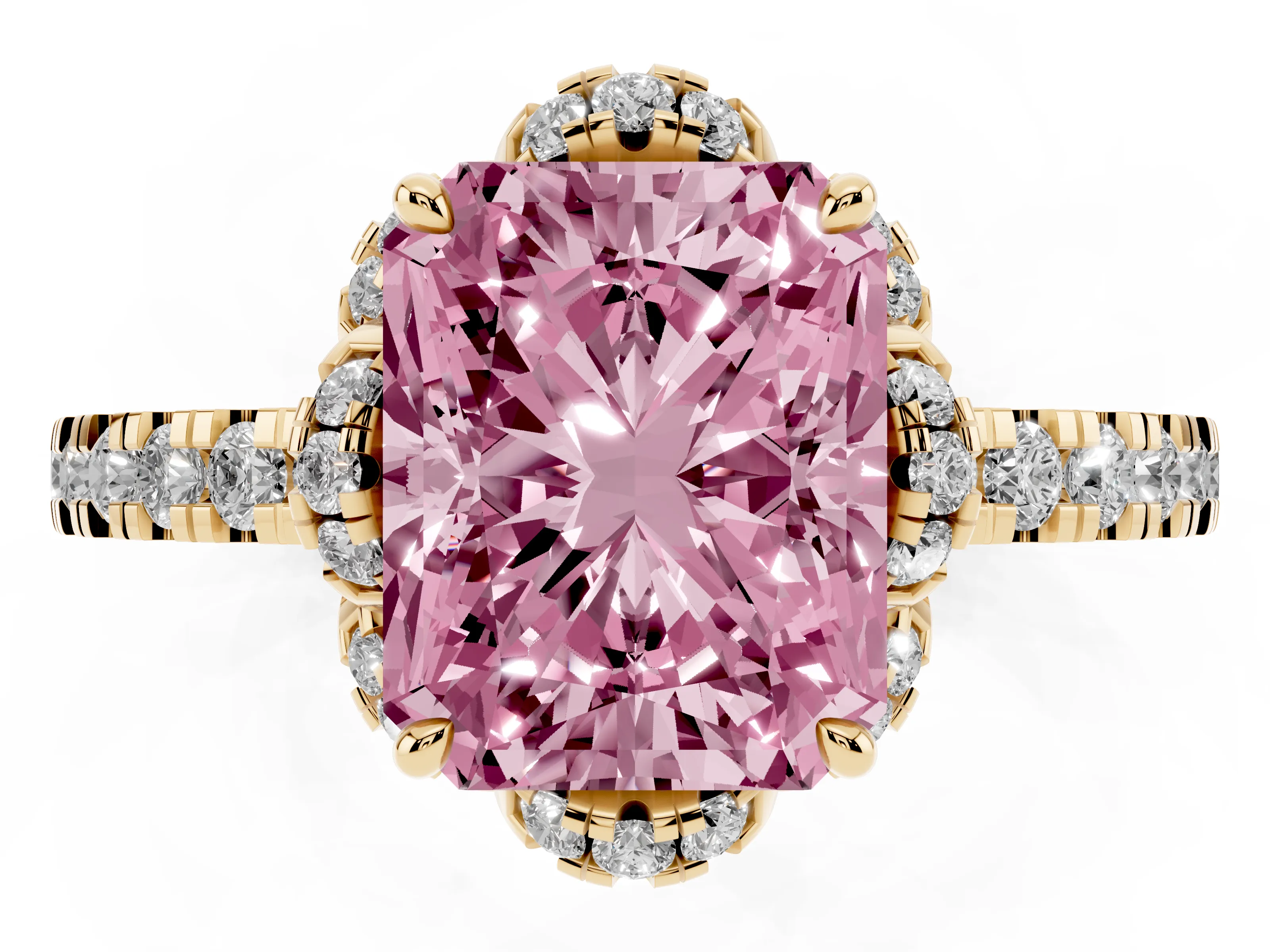 Fancy Pink Radiant Cut Diamond Halo Pavé Band Ring Set in Yellow gold with Prong-Held Center