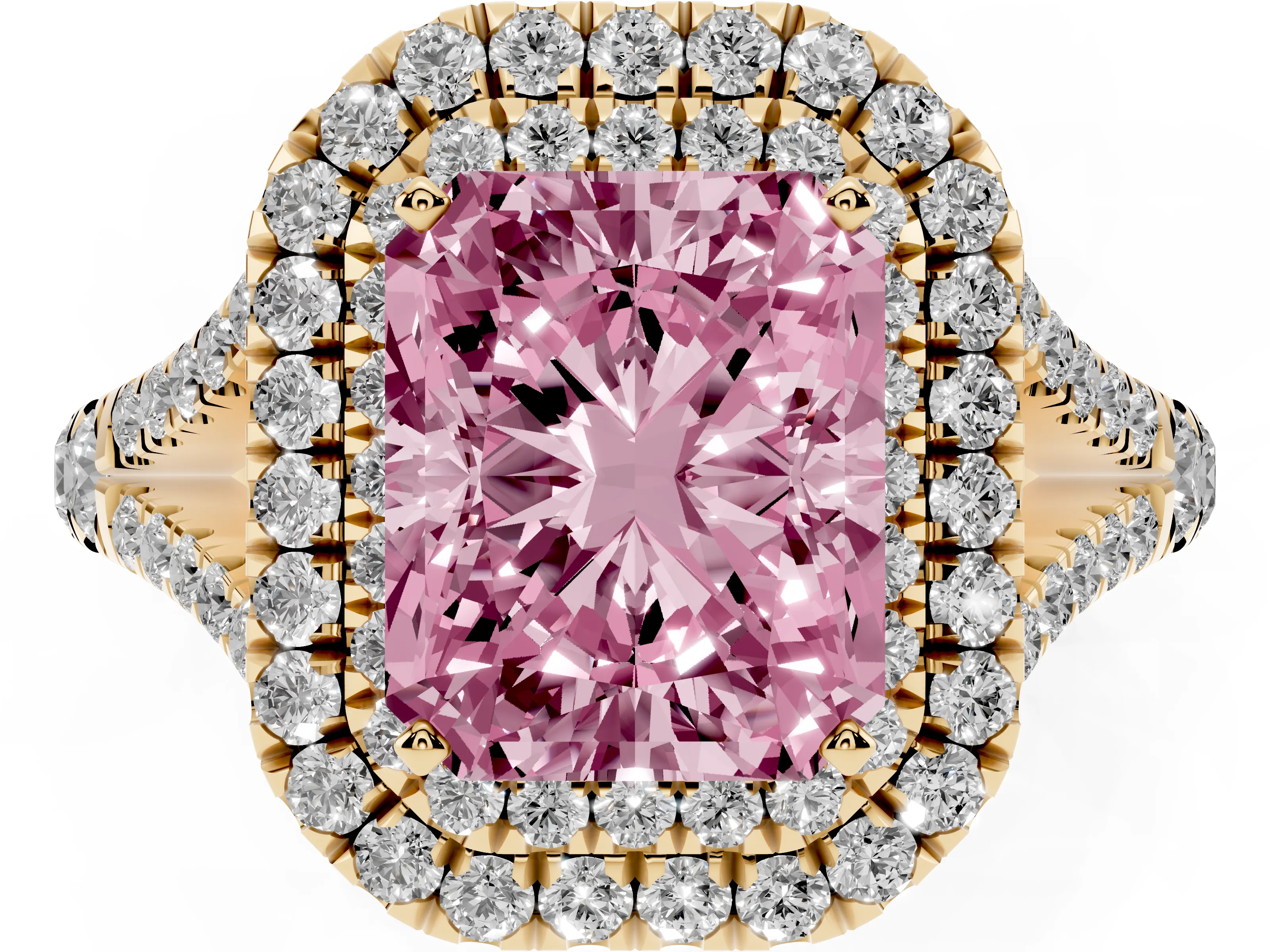 Fancy Pink Radiant Cut Diamond Pavé Split Shank Double Halo Engagement Ring Set in Yellow gold