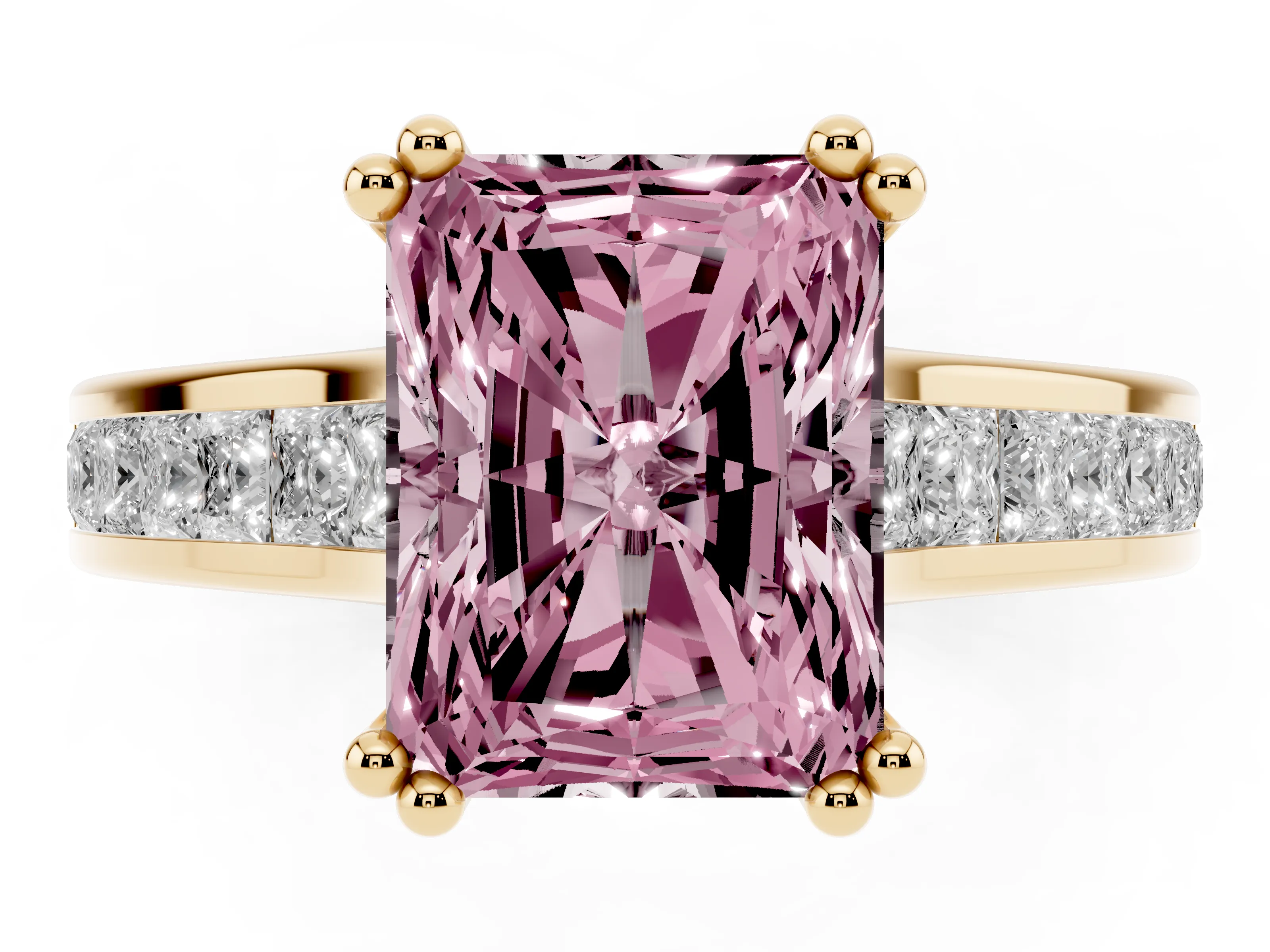Fancy Pink Radiant Cut Diamond Channel Set Solitaire Engagement Ring Set in Yellow gold with Prong Setting