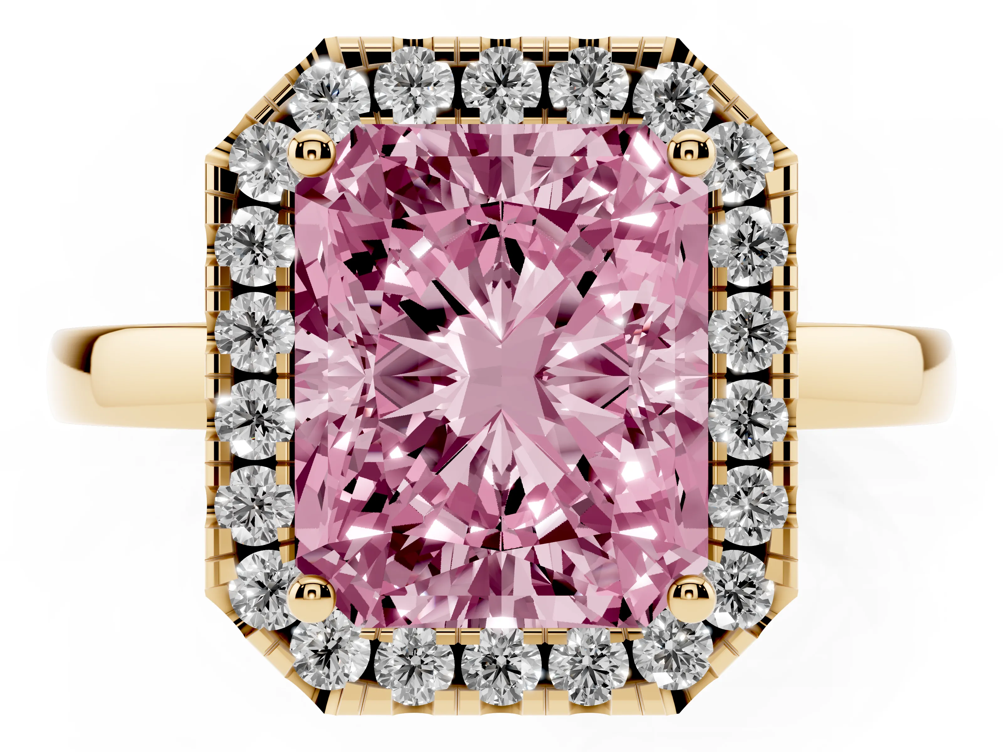 Fancy Pink Radiant Cut Diamond Halo Solitaire Ring Set in Yellow gold with Pavé Band and Prong Setting