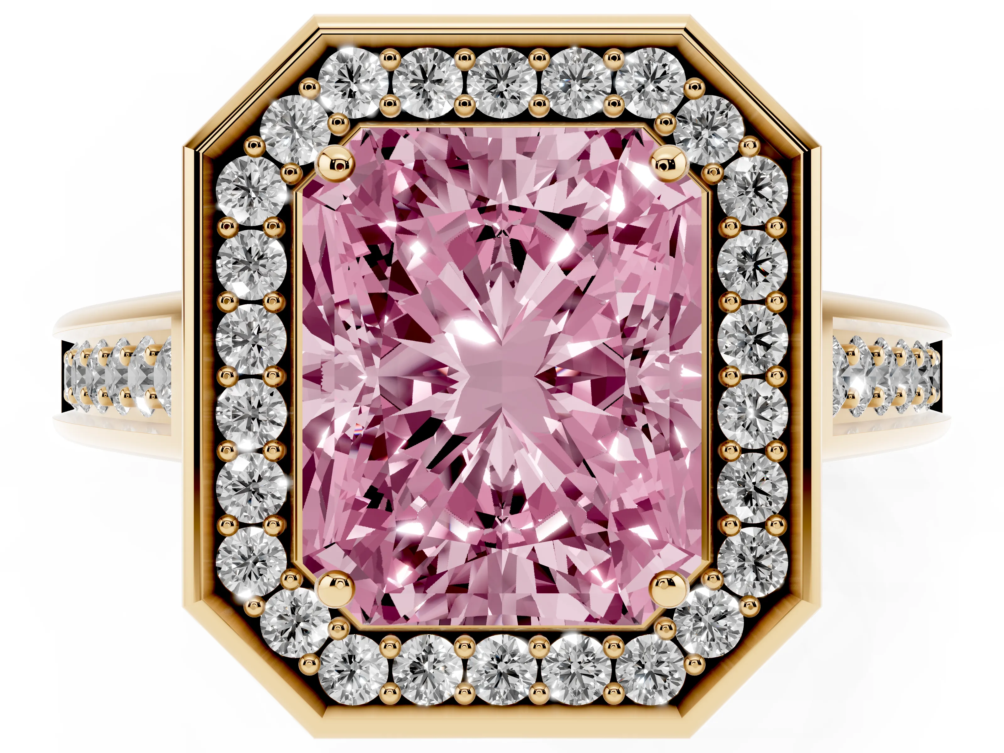 Fancy Pink Radiant Cut Diamond Halo Solitaire Ring Set in Yellow gold with Pavé Band and Bezel Setting