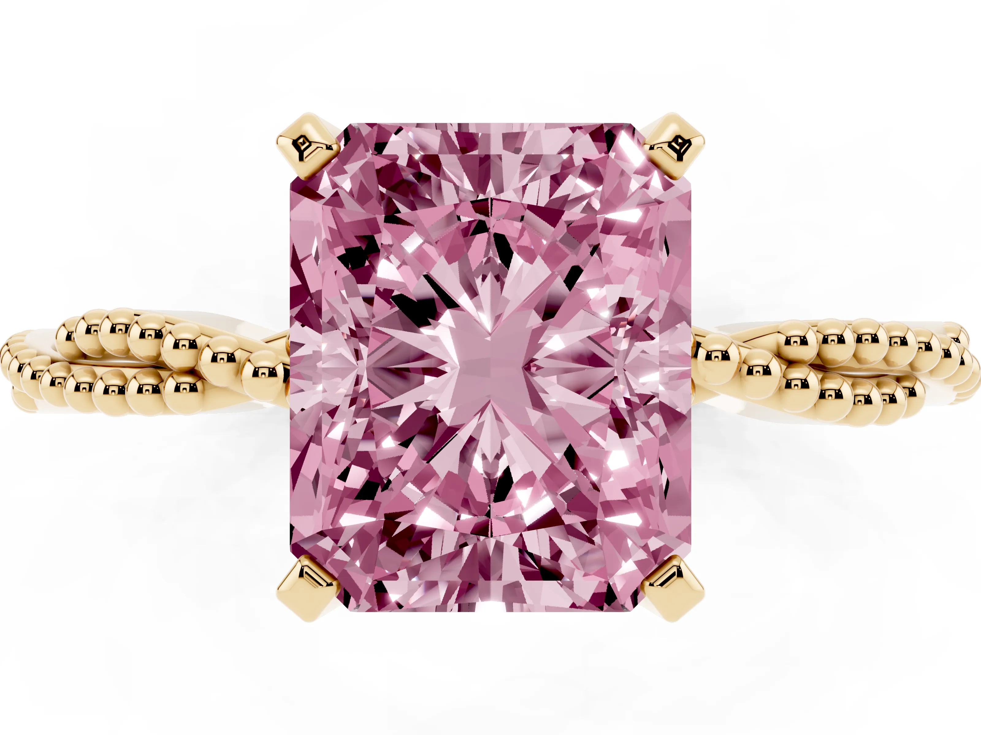 Fancy Pink Radiant Cut Diamond Solitaire Ring Set in Yellow gold with Twisted Band and Bead Prong Setting