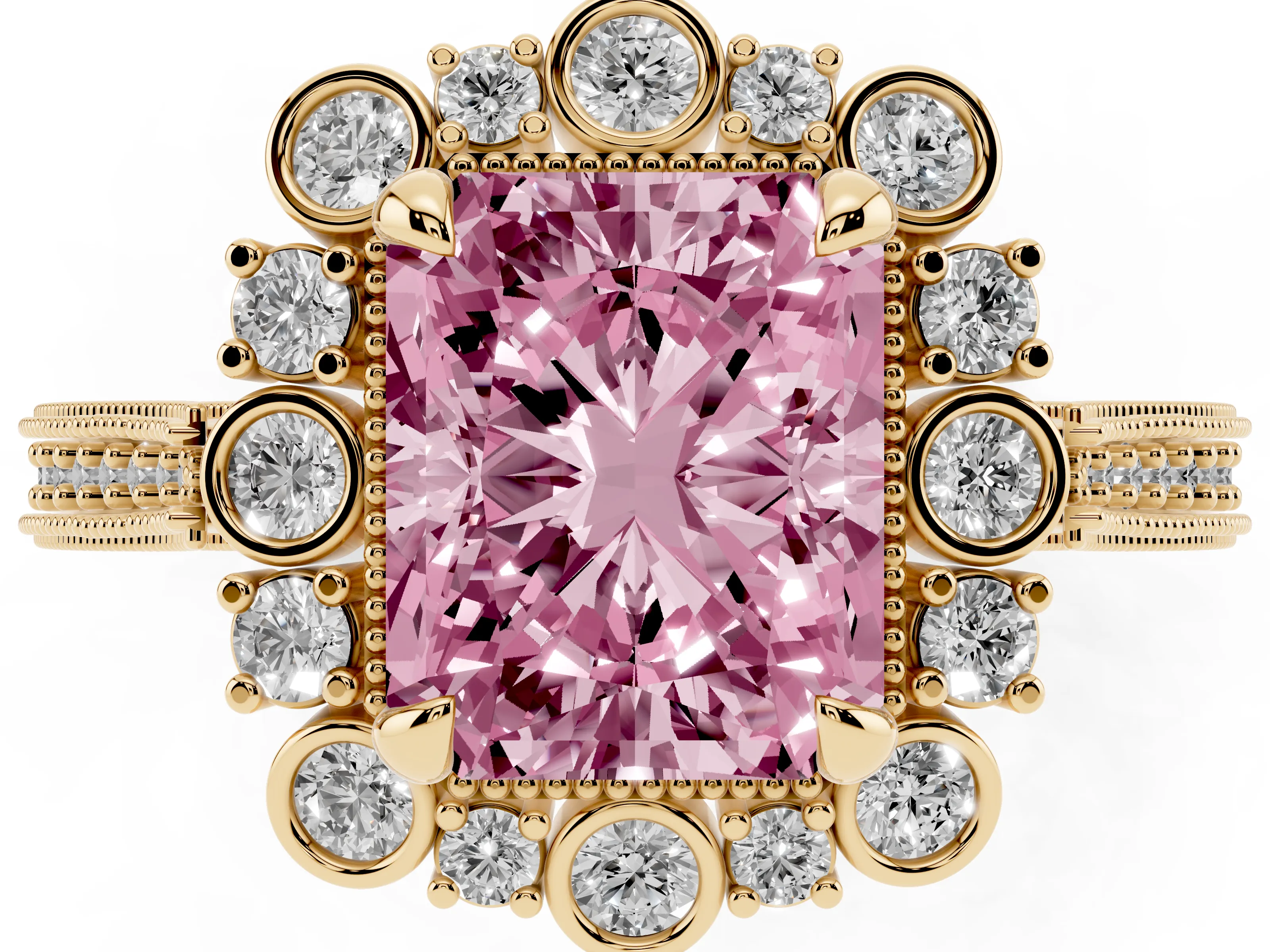 Fancy Pink Radiant Cut Diamond Halo Milgrain Pavé Ring Set in Yellow gold with Prong Setting
