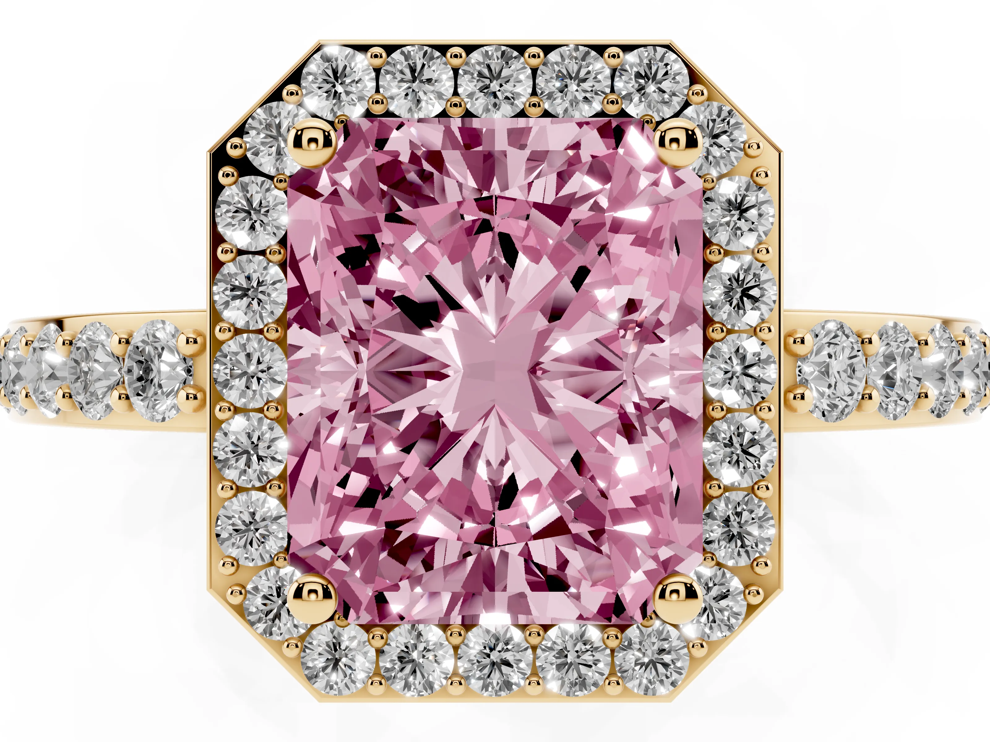 Fancy Pink Radiant Cut Diamond Halo Ring Set in Yellow gold with Pavé-Setting Band and Open Prong Center