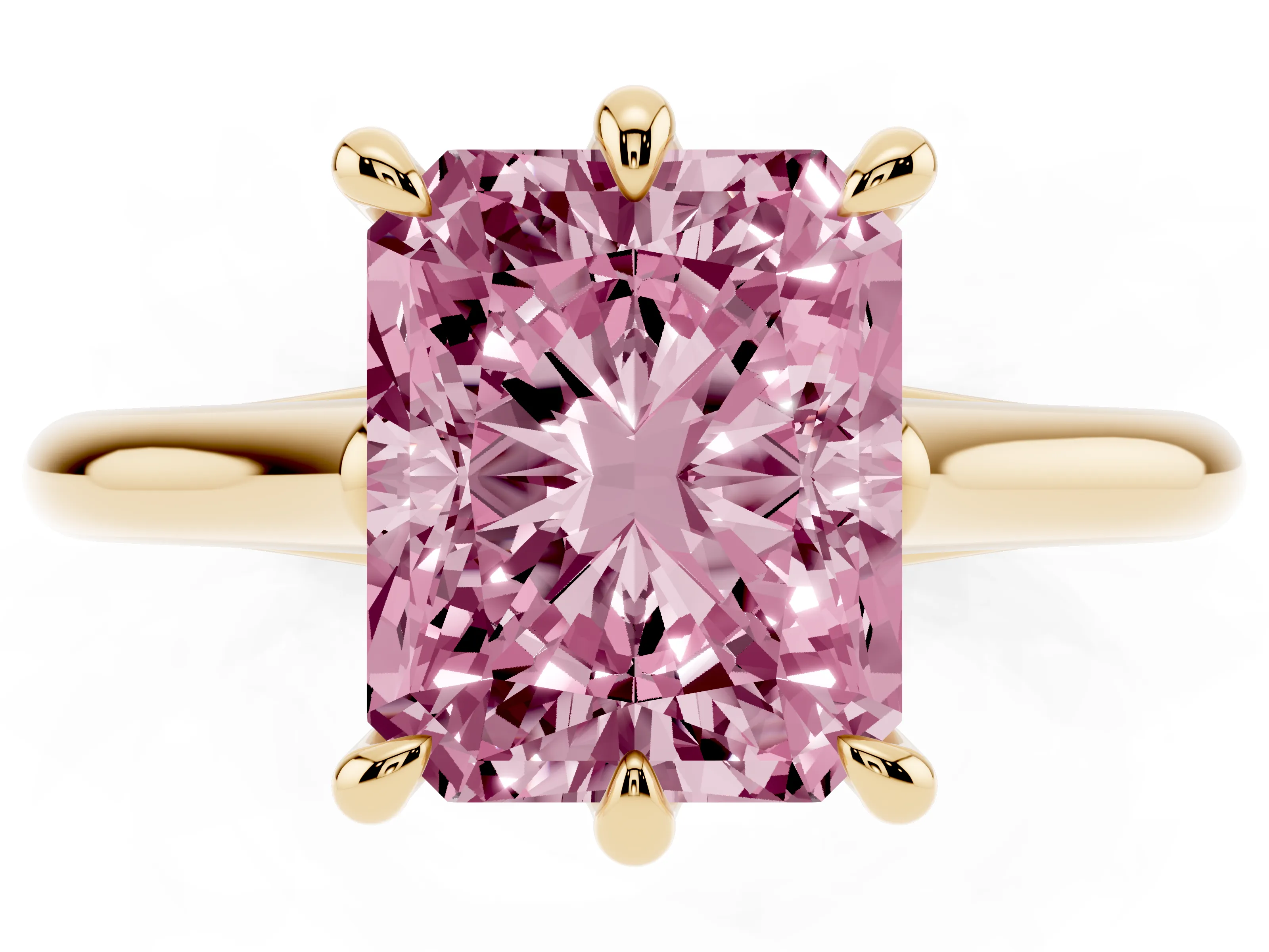 Fancy Pink Radiant Cut Diamond Solitaire Engagement Ring Set in Yellow gold with Prong Setting and Plain Classic Band