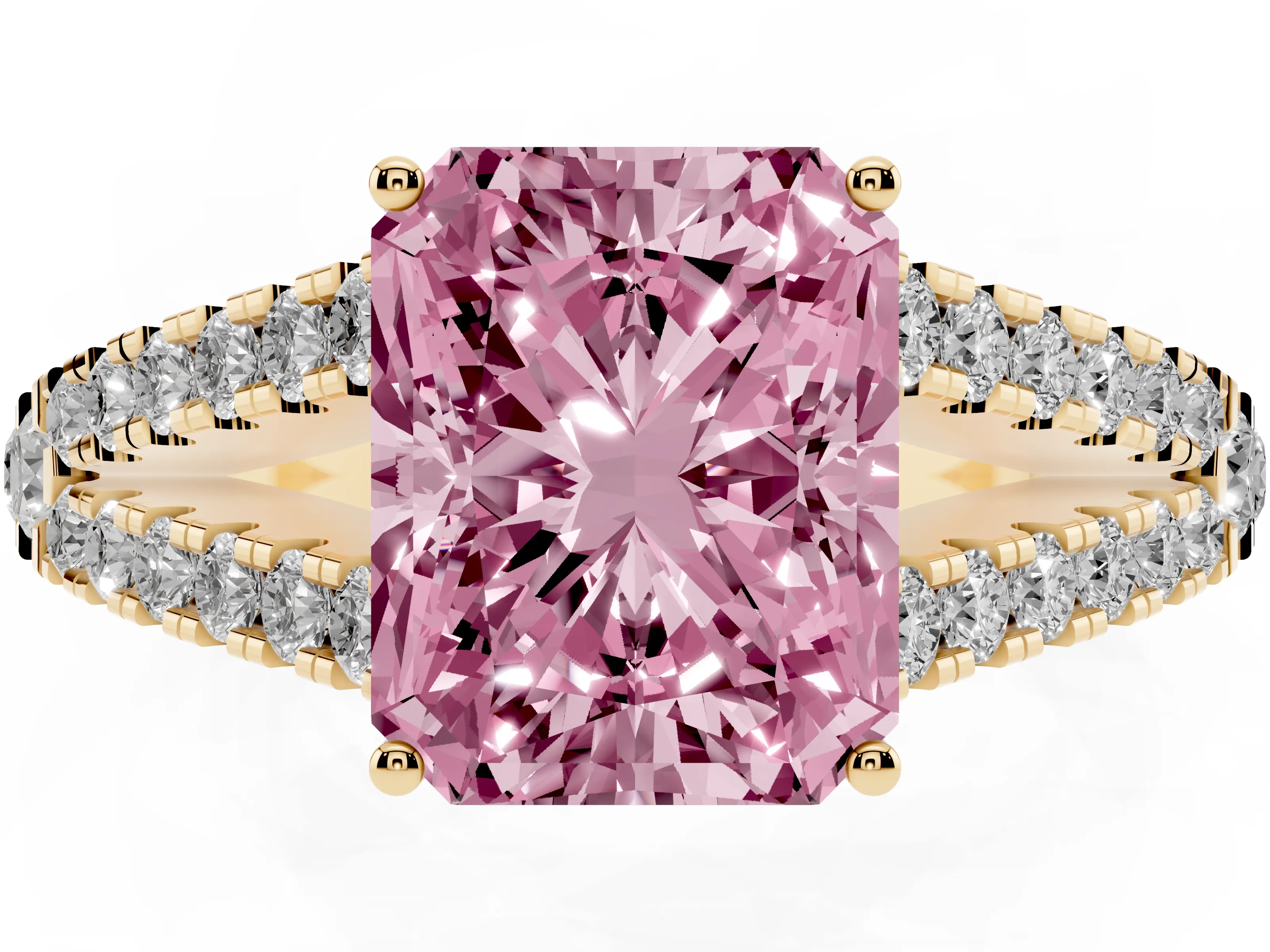 Fancy Pink Radiant Cut Diamond Split Shank Pavé Engagement Ring Set in Yellow gold with Prong-Held Center Stone