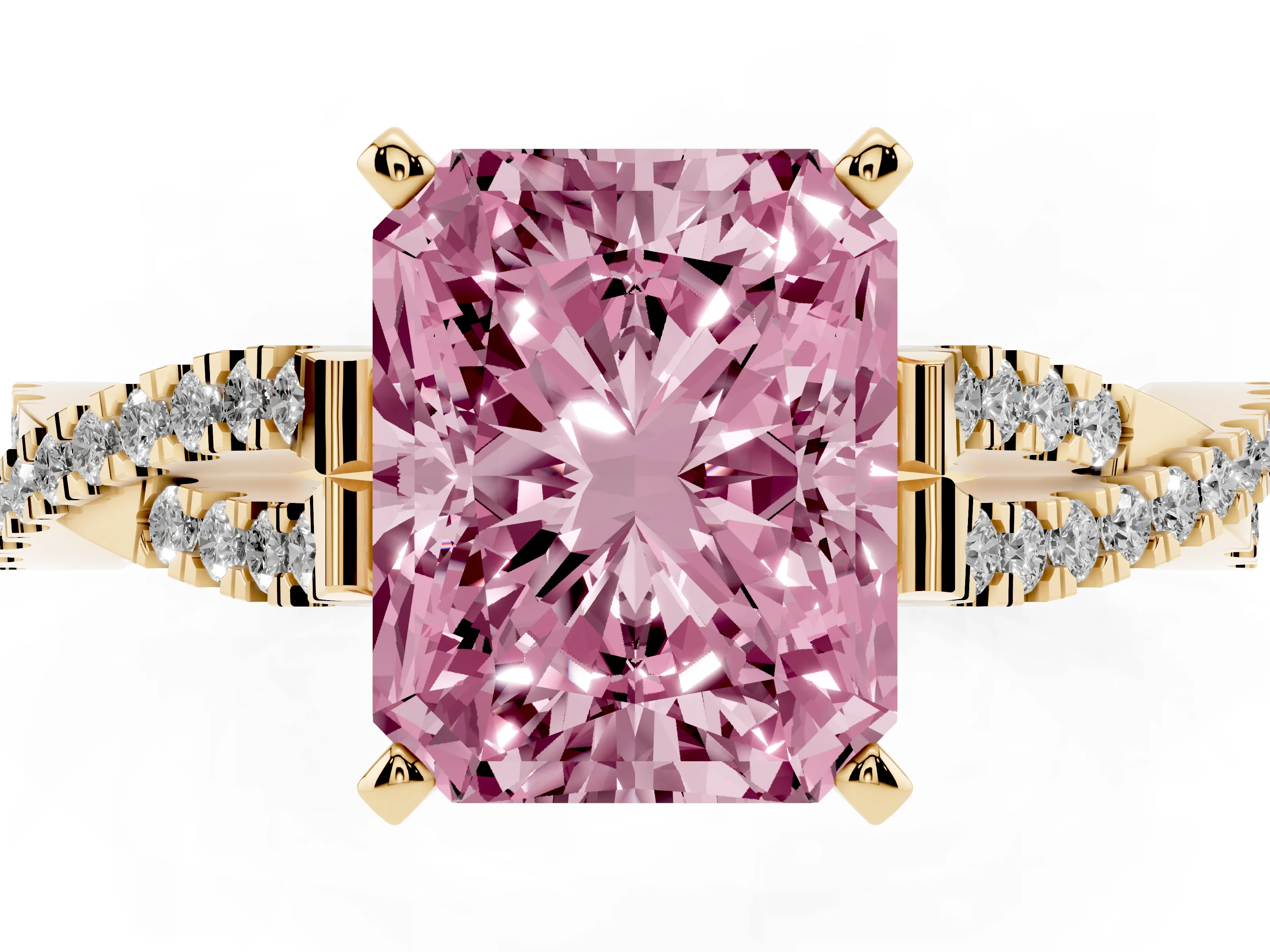 Fancy Pink Radiant Cut Diamond Solitaire Engagement Ring Set in Yellow gold with Twisted Pavé Band and Prong Setting