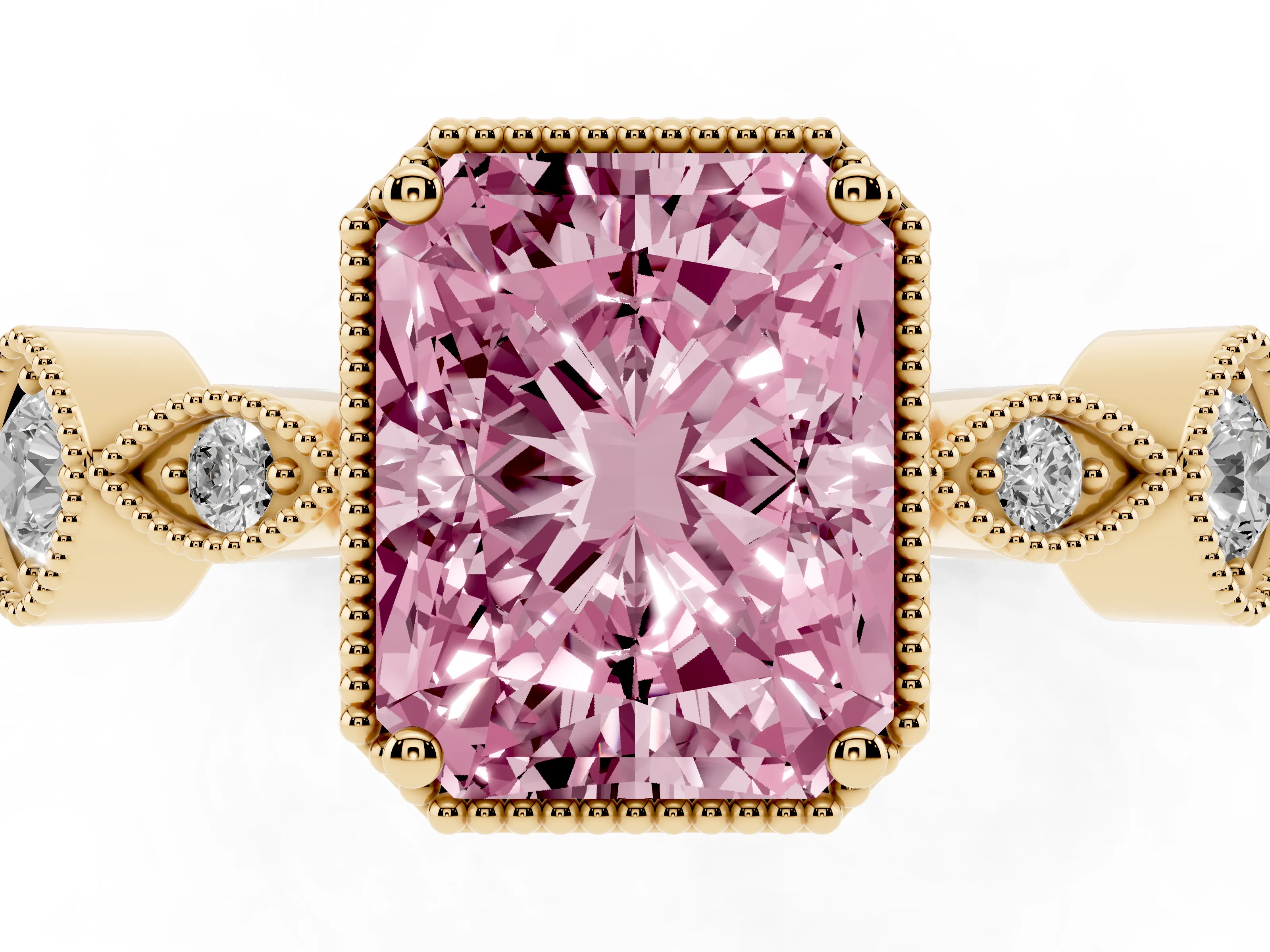 Fancy Pink Radiant Cut Diamond Vintage-Inspired Milgrain Ring Set in Yellow gold with Marquise Stations of Round Accents