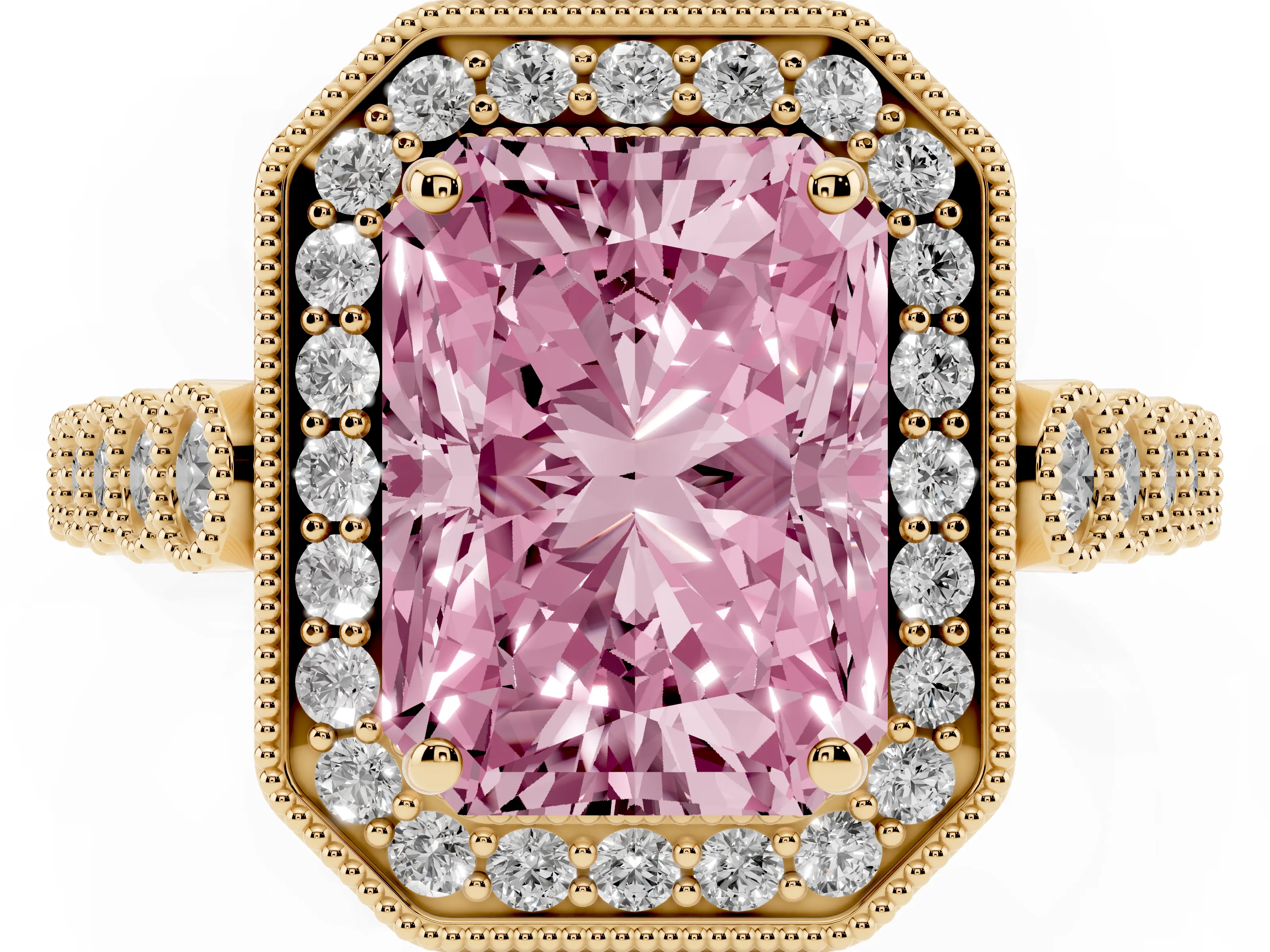 Fancy Pink Radiant Cut Diamond Milgrain Halo Solitaire Ring Set in Yellow gold with Bezel Set Side Stones and Pavé Band