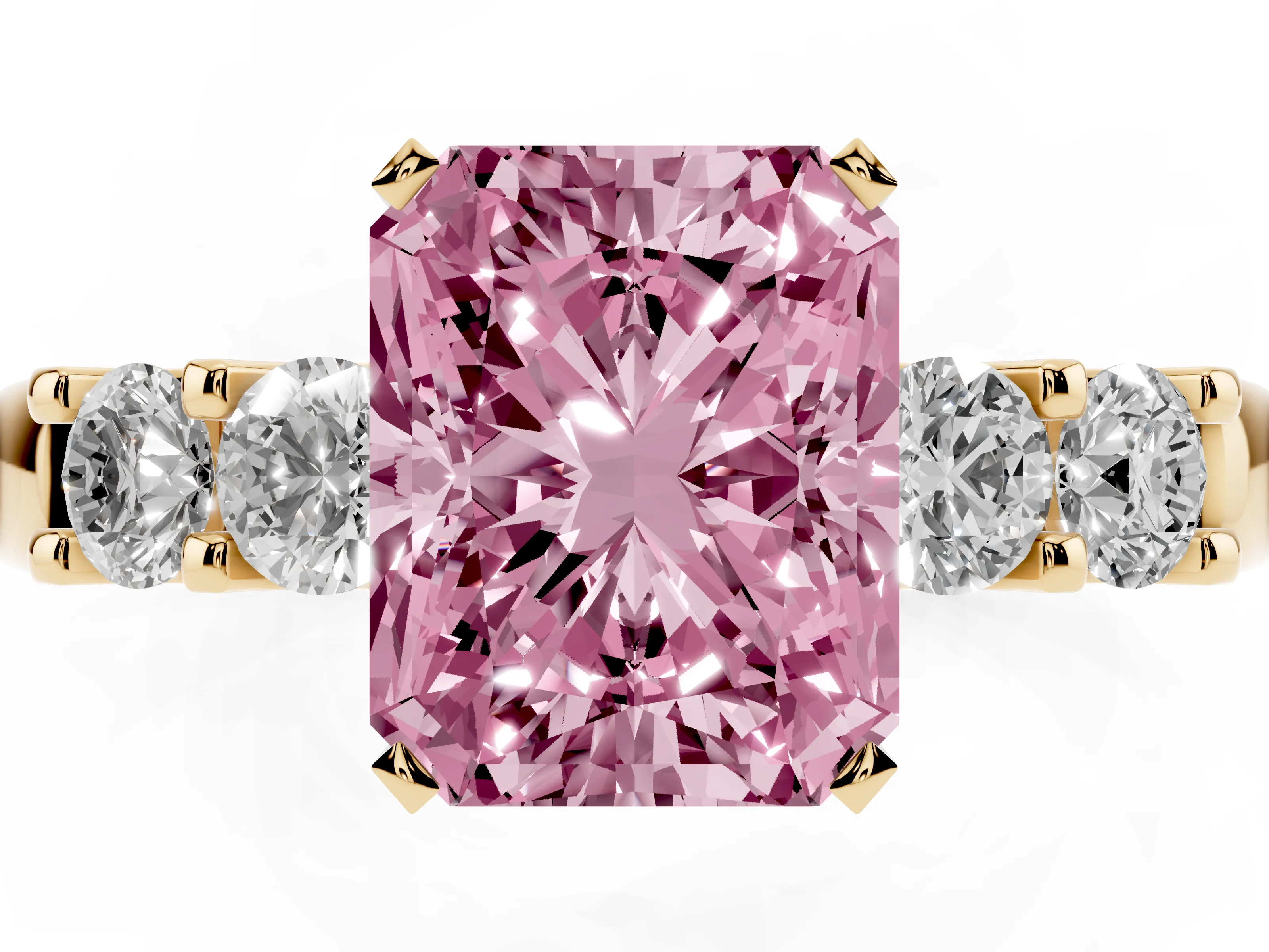 Fancy Pink Radiant Cut Diamond Five-Stone Prong Set Engagement Ring Set in Yellow gold with Channel Band