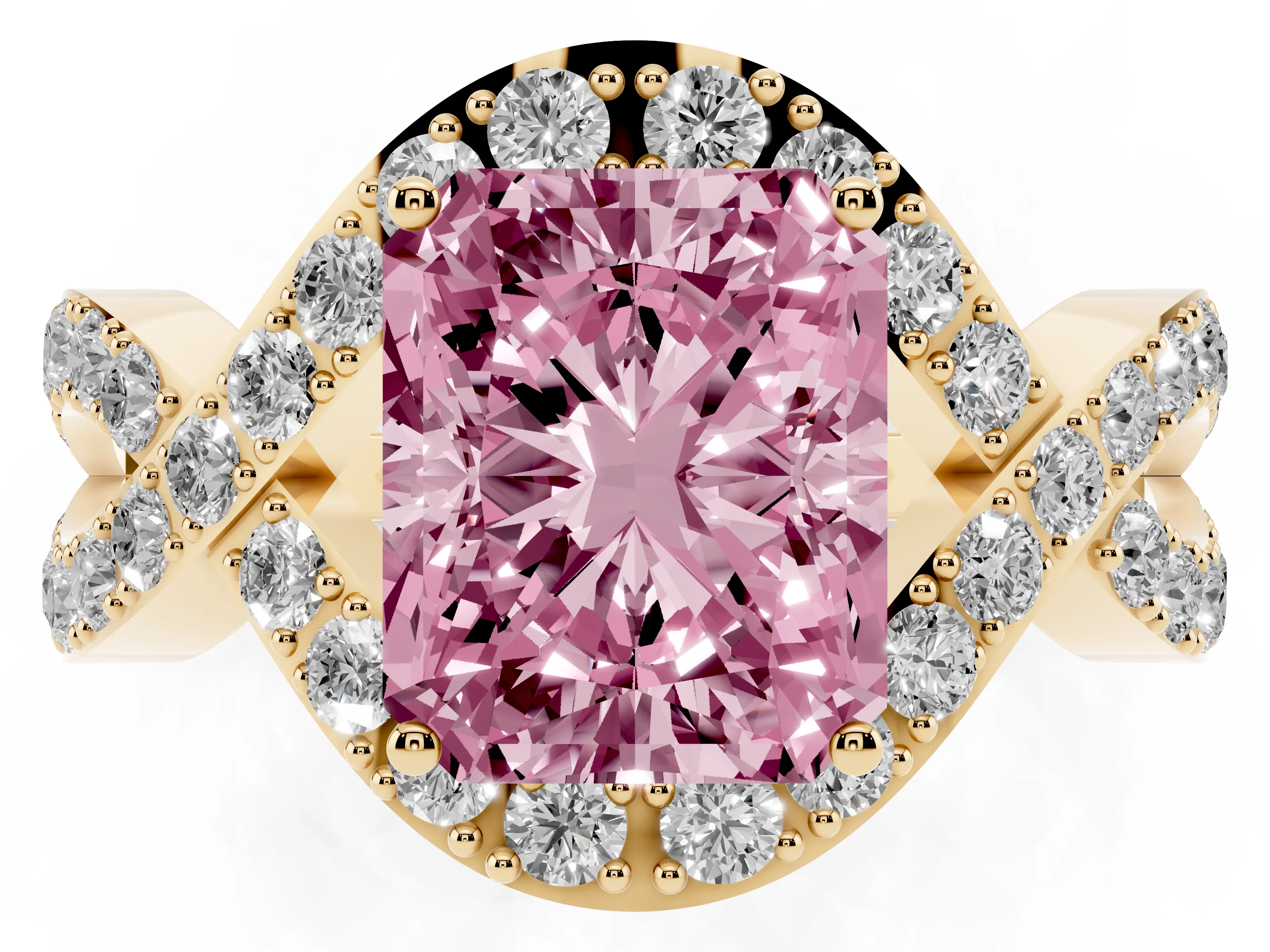Fancy Pink Radiant Cut Diamond Solitaire Twist Band Pavé Engagement Ring Set in Yellow gold