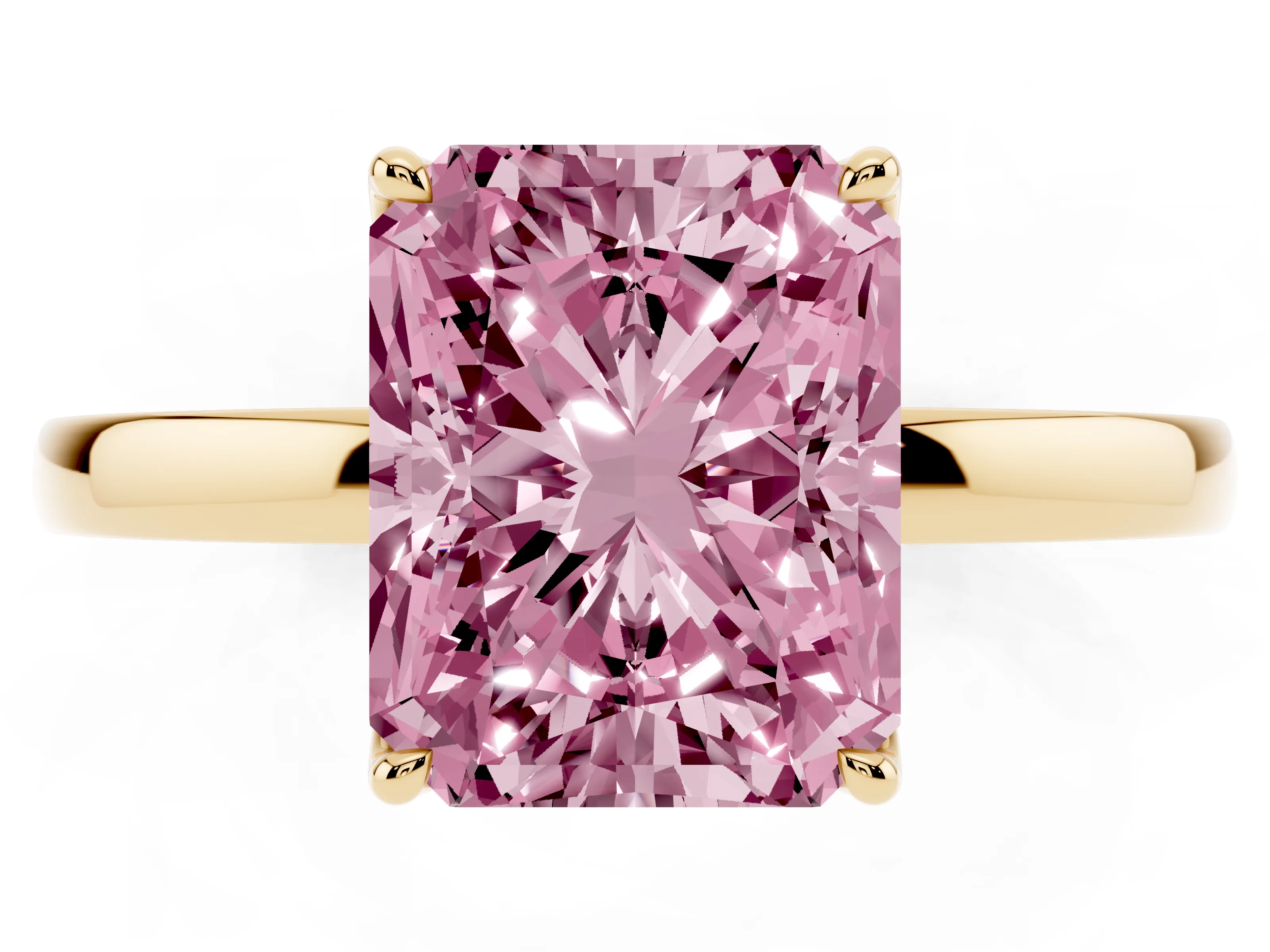 Fancy Pink Radiant Cut Diamond Solitaire Ring Set in Yellow gold with Prong Setting and Thin Polished Band