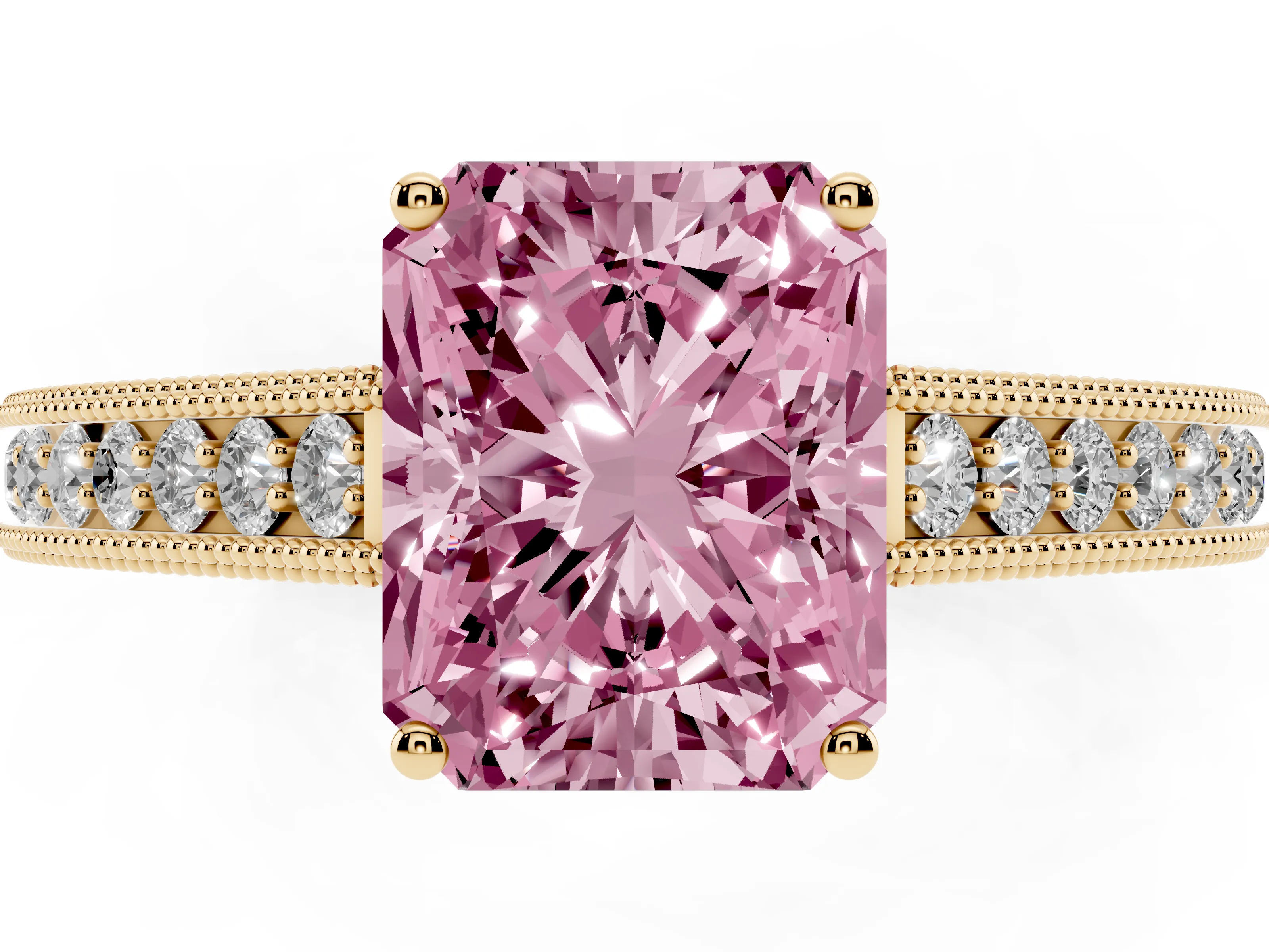 Fancy Pink Radiant Cut Diamond Milgrain Pavé Band Solitaire Ring Set in Yellow gold with Prong Setting