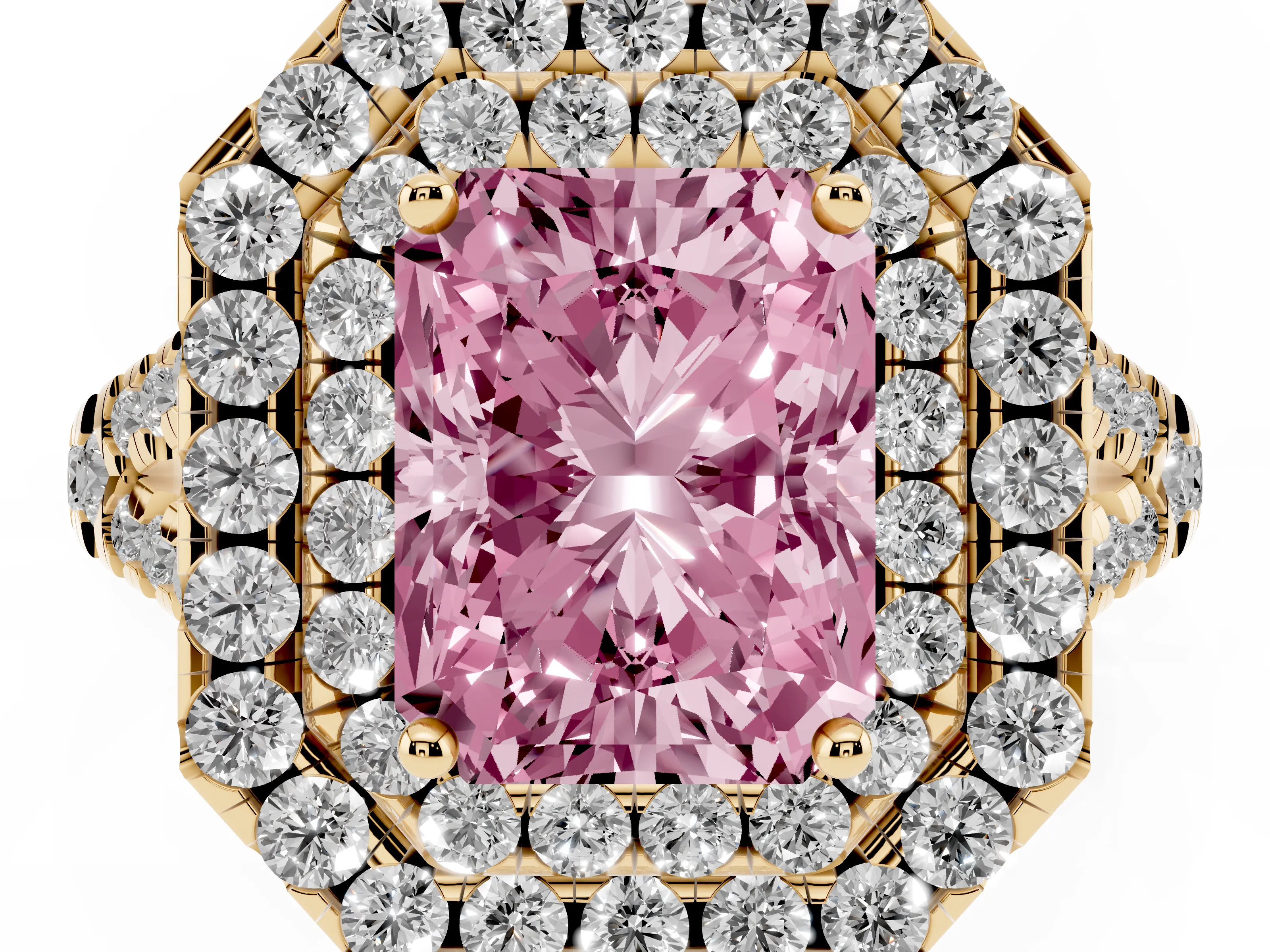 Fancy Pink Radiant Cut Diamond Double Halo Ring Set in Yellow gold with Pavé Split Shank and Prong Setting
