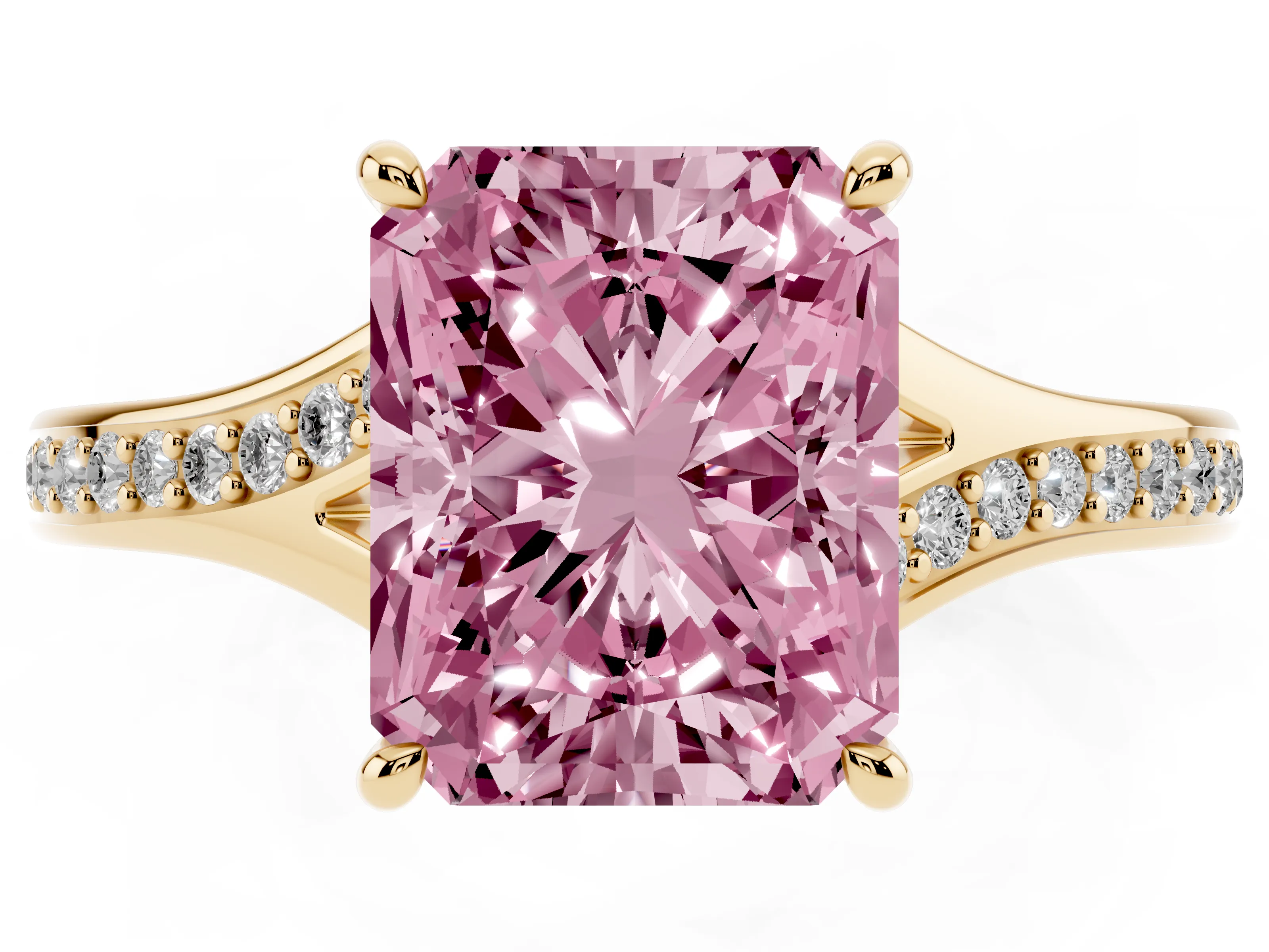 Fancy Pink Radiant Cut Diamond Solitaire Ring Set in Yellow gold with Pavé Accent Band and Classic Prong Setting
