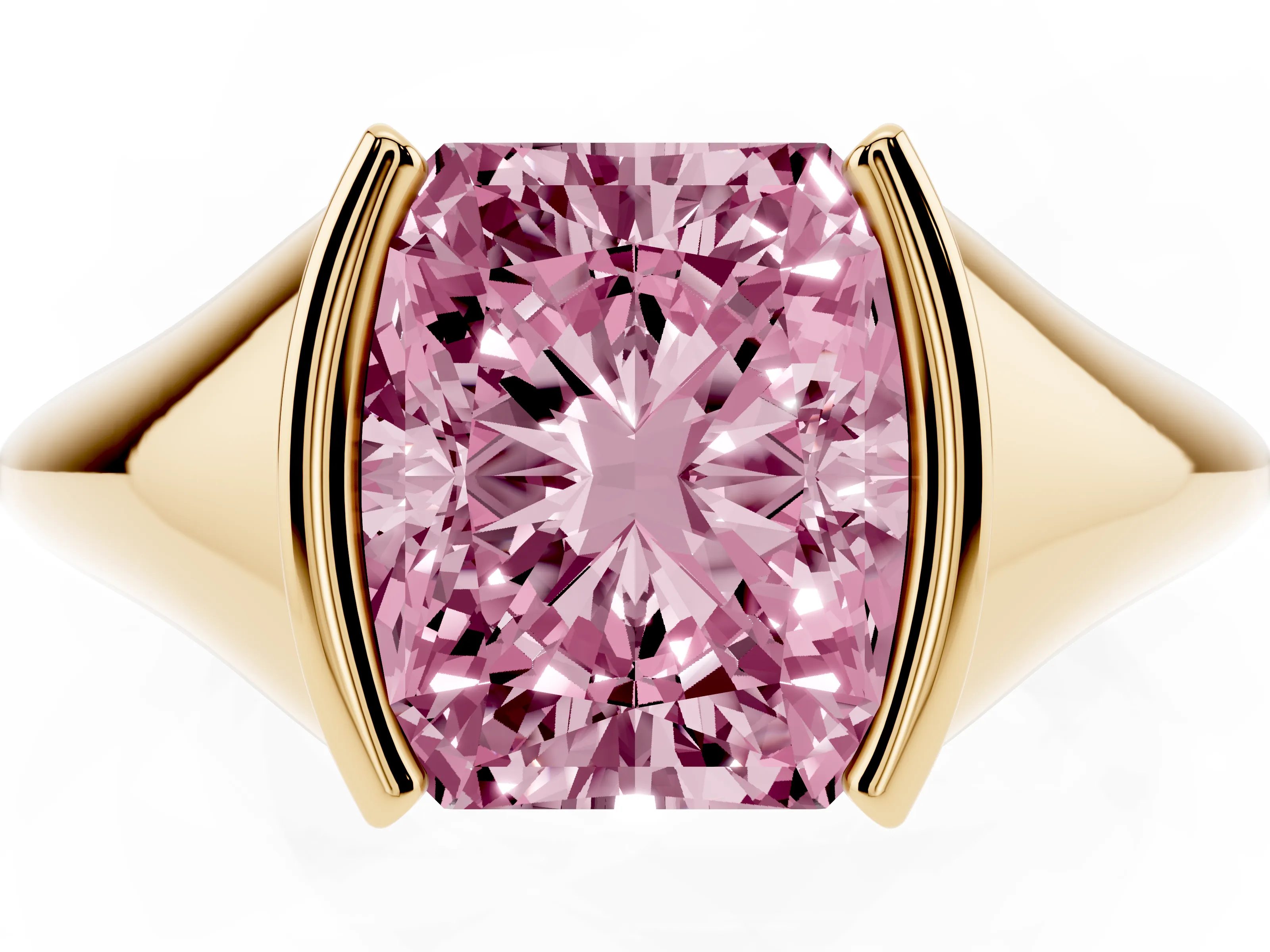 Fancy Pink Radiant Cut Diamond Solitaire Tension Set Ring Set in Yellow gold