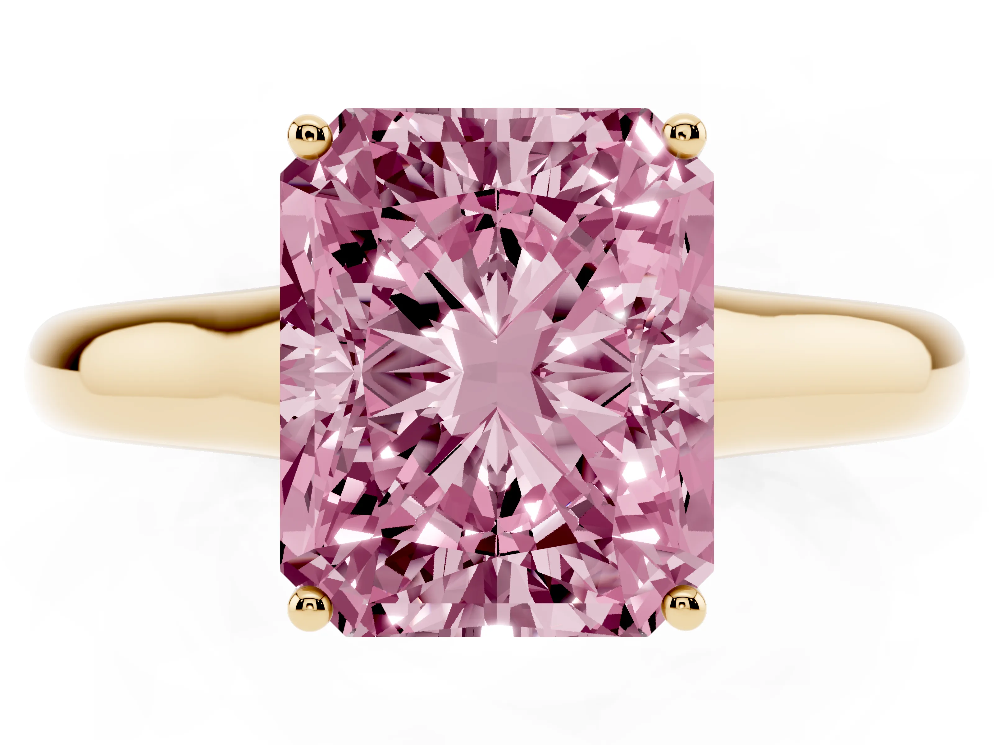 Fancy Pink Radiant Cut Diamond Solitaire Engagement Ring Set in Yellow gold with Subtly Tapered Band and Prong Setting