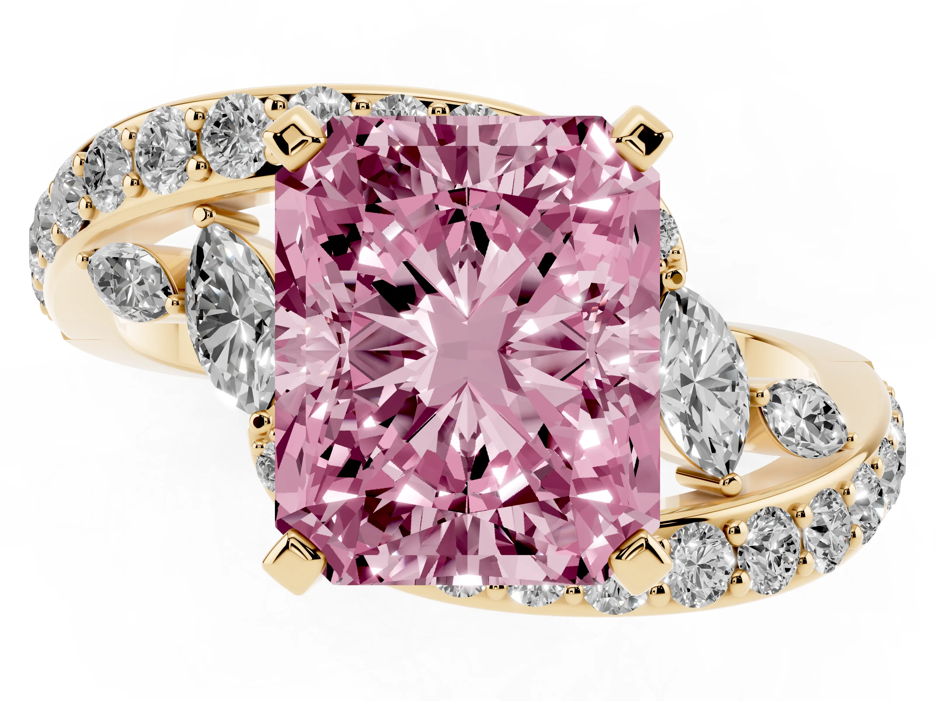 Fancy Pink Radiant Cut Diamond Solitaire Ring Set in Yellow gold with Pavé Twist Band and Secure Prong Setting