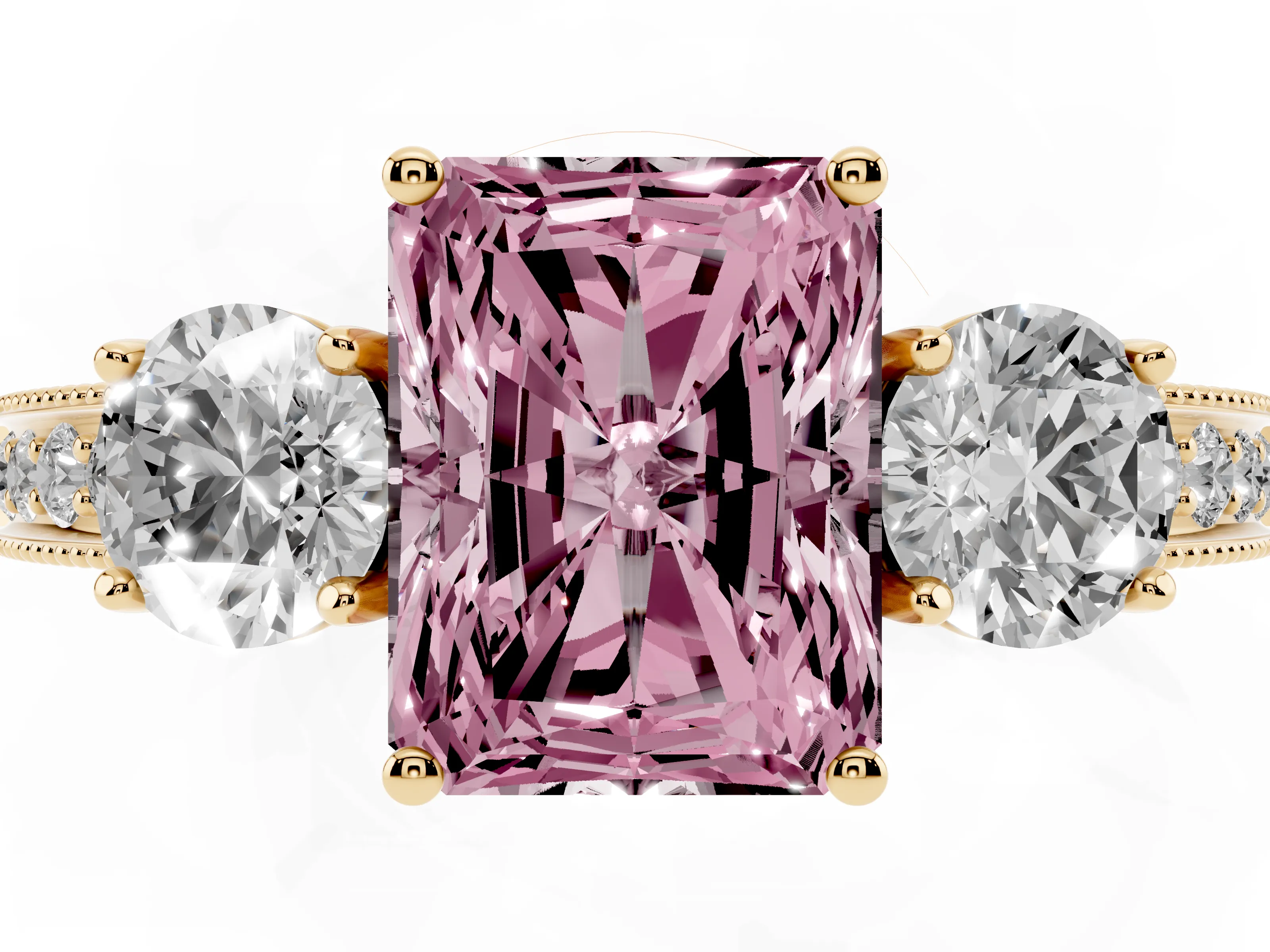 Fancy Pink Radiant Cut Diamond Three-Stone Ring Set in Yellow gold with Round Side Stones and Pavé Band