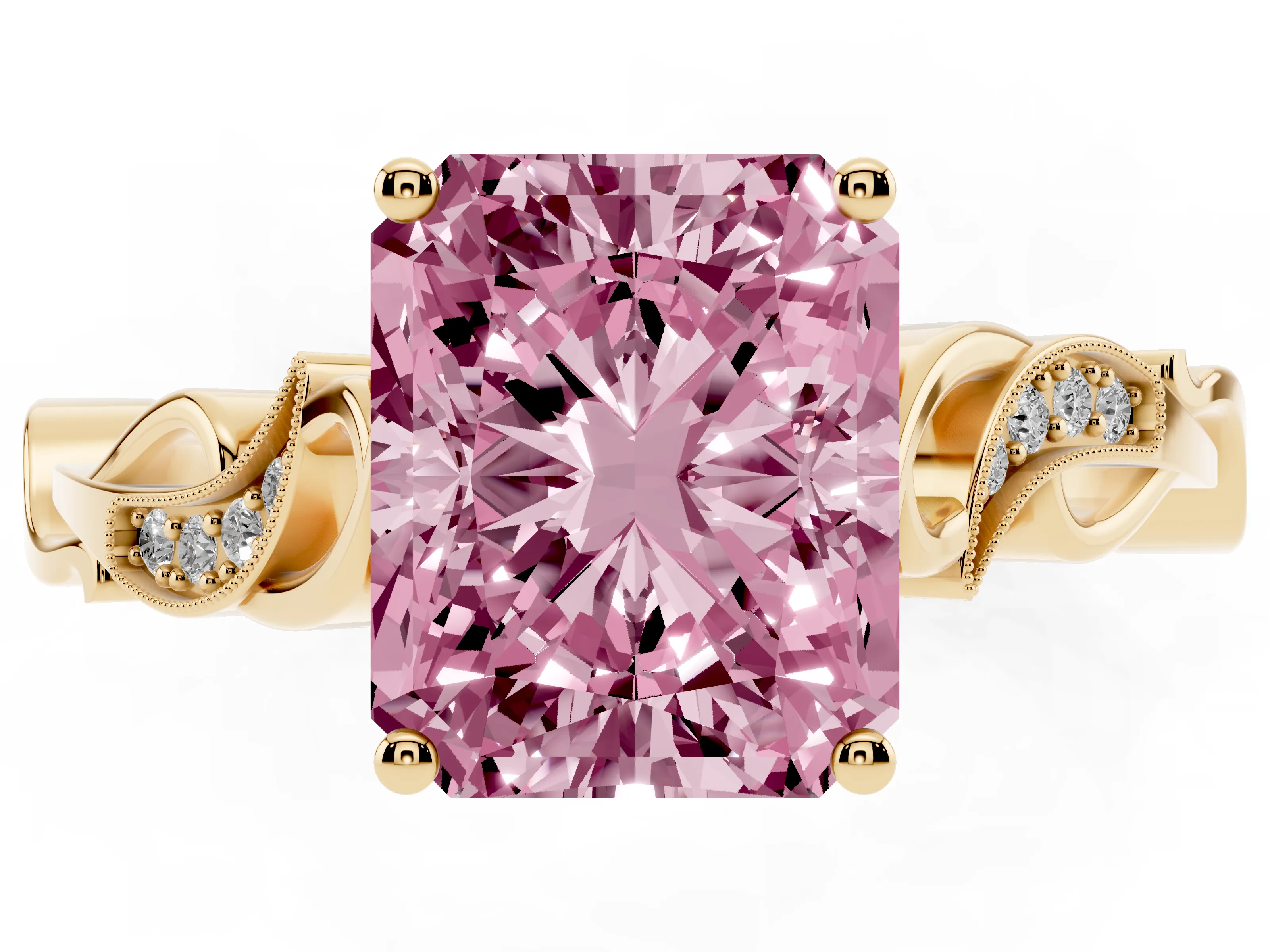 Fancy Pink Radiant Cut Diamond Vine Band Solitaire Ring Set in Yellow gold with Milgrain Prong Setting