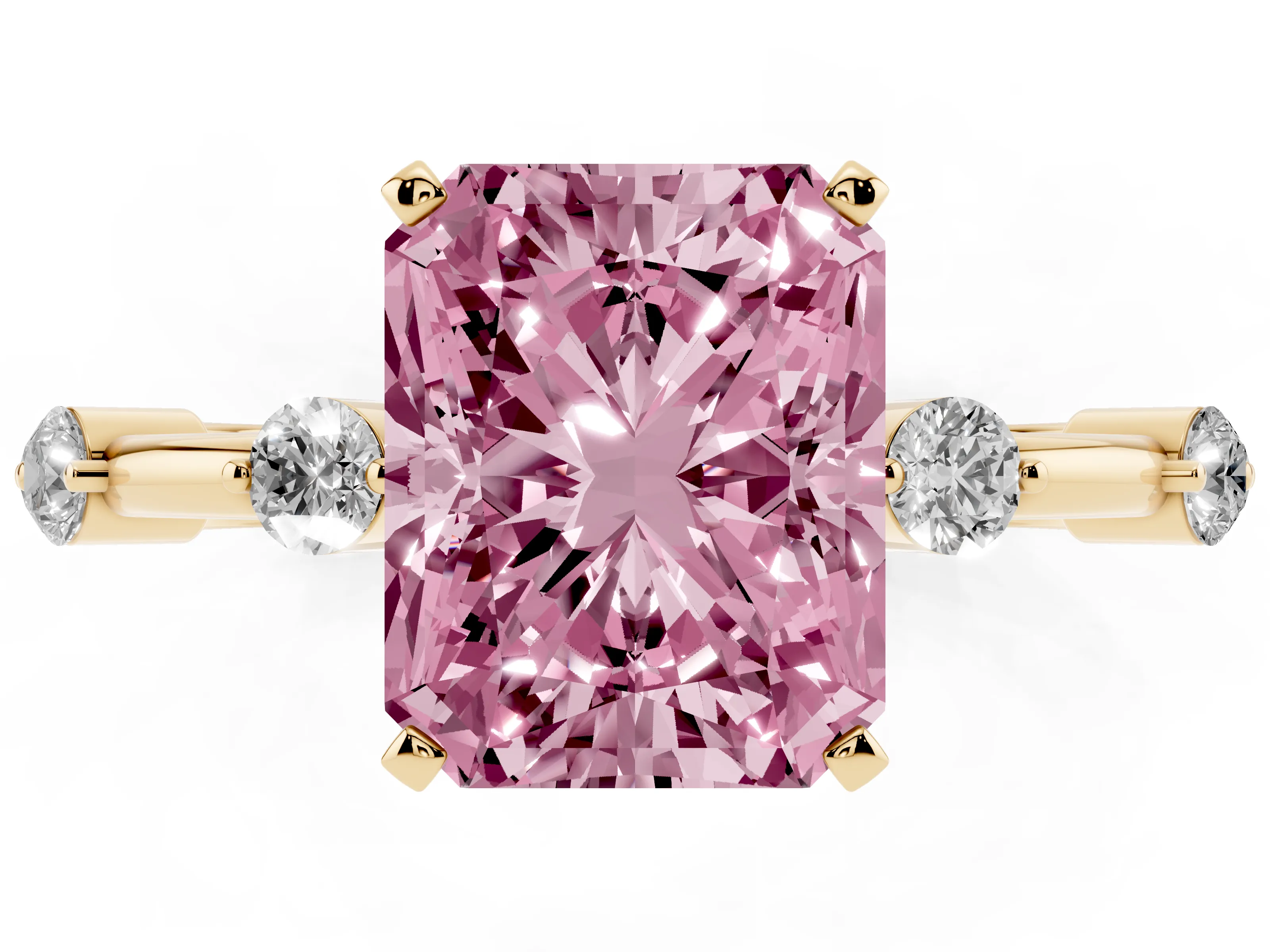Fancy Pink Radiant Cut Diamond Solitaire Ring Set in Yellow gold with Bezel Set Side Stones and Prong Setting